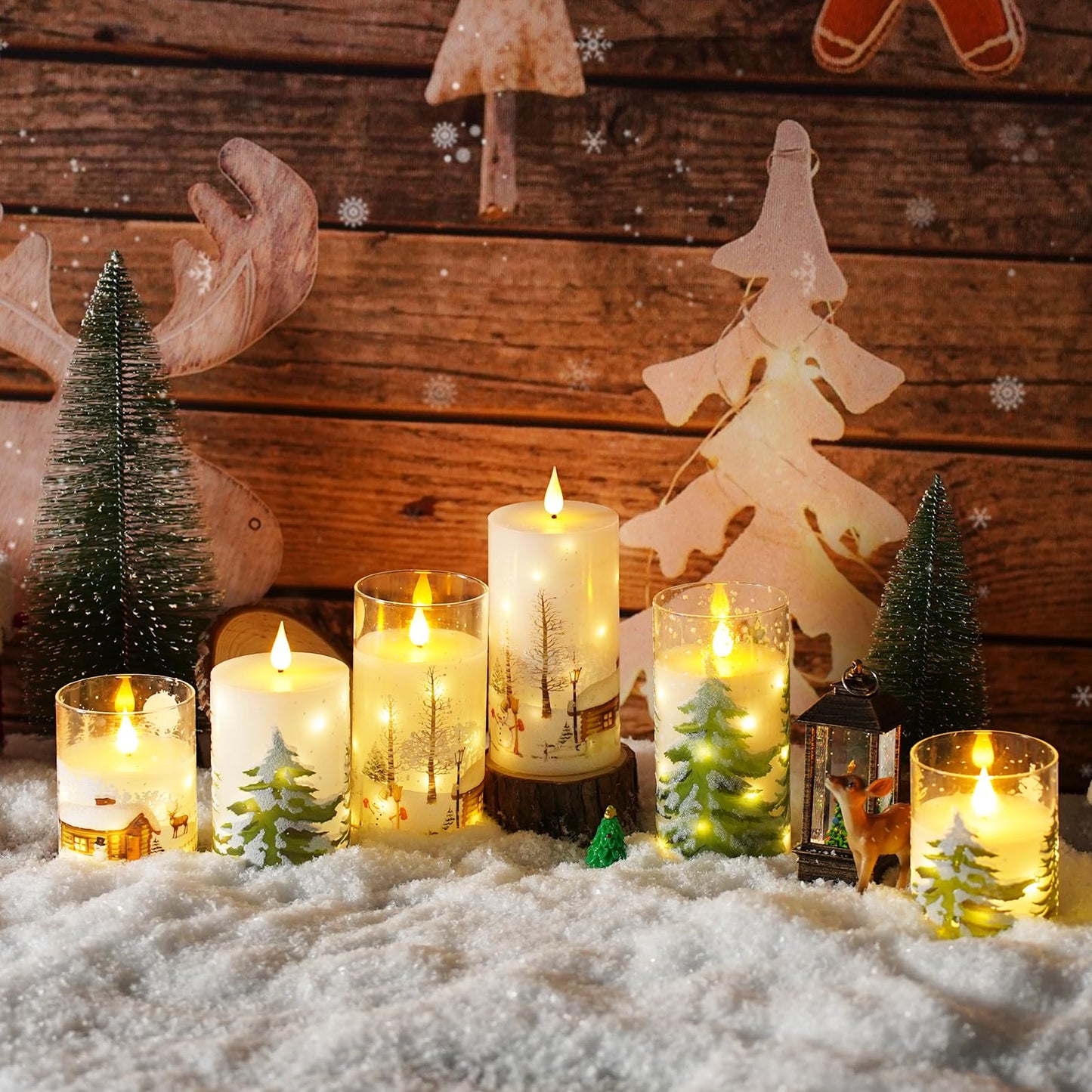Christmas Flameless Candles with Remote - White LED Candles & String Lights, with Glass casing Battery Operated Set of 3 (D3 x H4/5"/6") for Window Decor, Christmas Decorations,Living Room Decoration