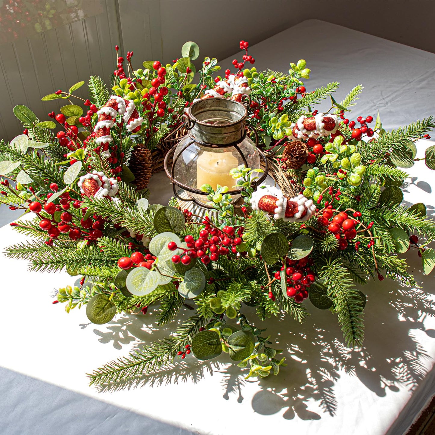 MG MagicGarden Christmas Wreaths for Front Door 20 Inches Artificial Christmas Wreath with Red Holly Berries Pine Needles Pine Cones Candy Canes for Xms Holidays