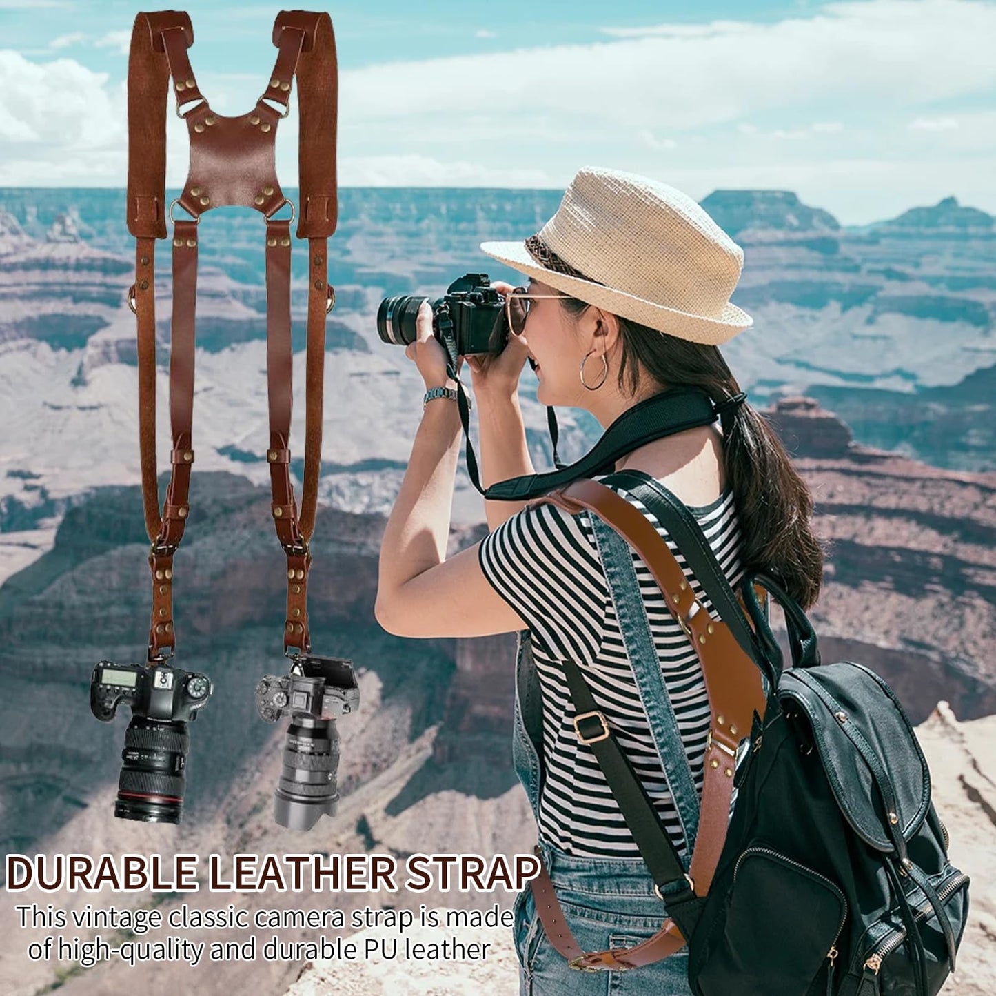 YIHAOSSING Camera Harness,Brown Camera Straps for Photographers,Leather Dual Camera Strap for Two DSLR/SLR Cameras