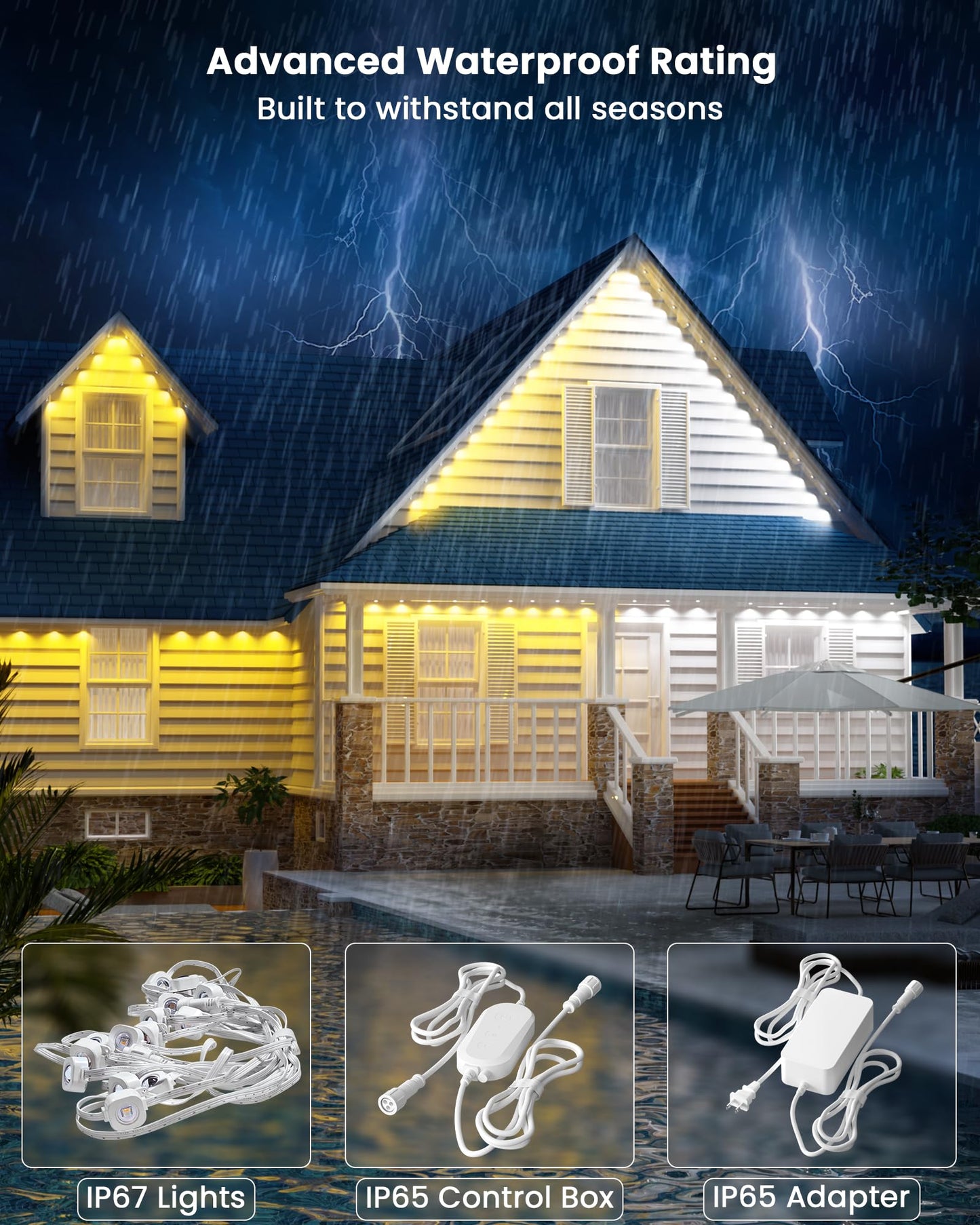 Gefolly Permanent Outdoor Lights Pro, 150ft with 90 RGBW Double-LED Lights 111 Scene Modes for Daily, Halloween, Christmas, IP67 Waterproof for Outdoor Decor, Works with Alexa, Google Assistant, White