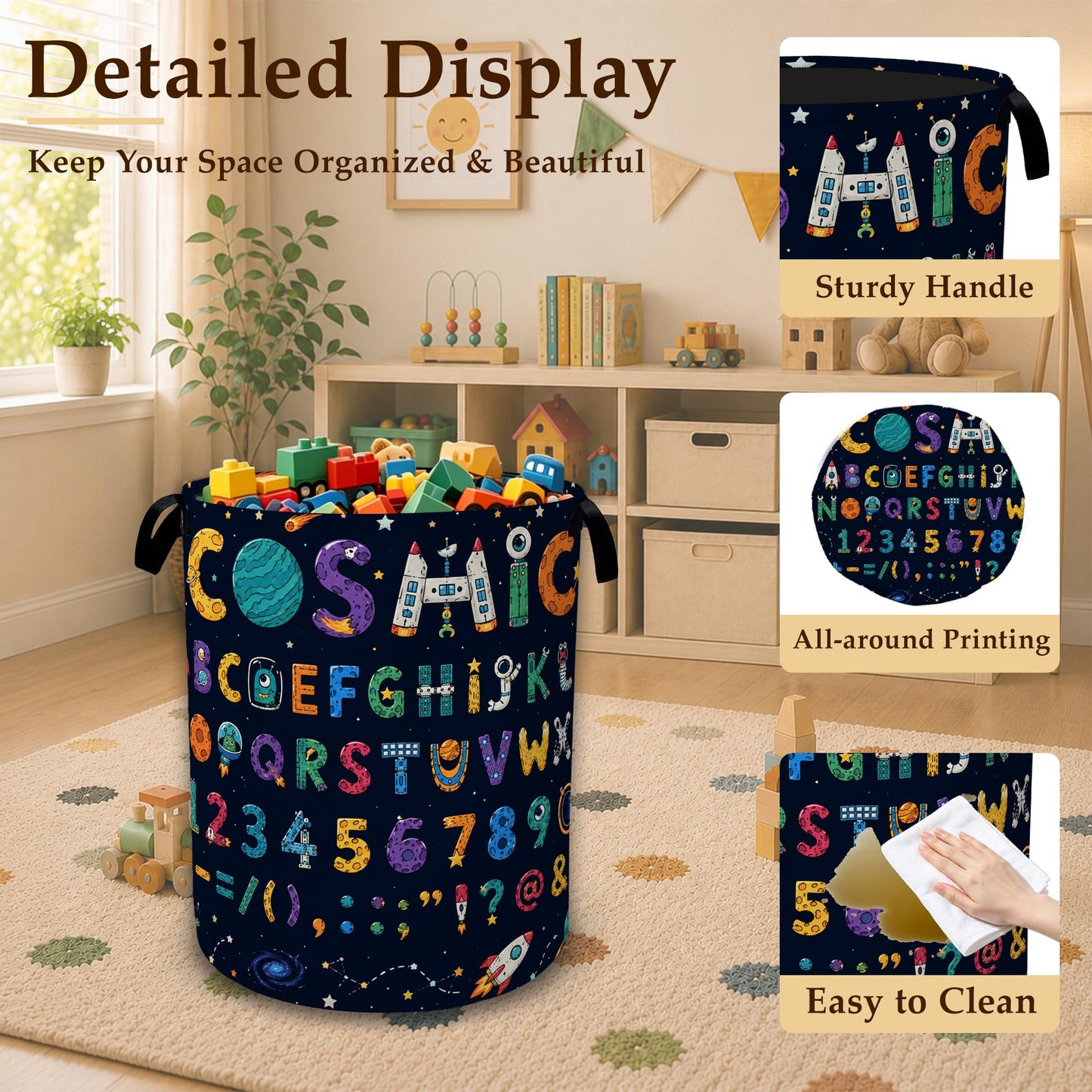 Cosmic Alphabet Space Collapsible Laundry Hamper for Bedroom, Freestanding Oxford Clothes Basket, Large Foldable Storage Bin with Easy-Carry Handles for Bathroom Dorm Laundry Room