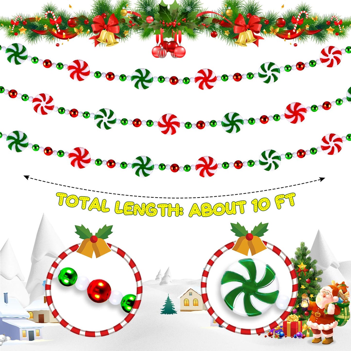 Christmas Tree Candy Garland, Christmas Decorations Hanging Peppermint Garland for Meeting Wreaths Home Fireplace Ornaments (10 Feet)
