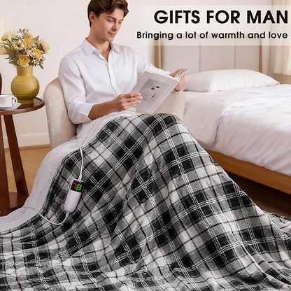 Black Heated Blanket Electric Throw, 50X60 Heating Throw with 10 Heats Levels & 8 Hours Auto Off, Plaid Soft Sherpa Blankets Warmer Gifts for Men Dad Boys Home Decor for Living Room Bedroom Office