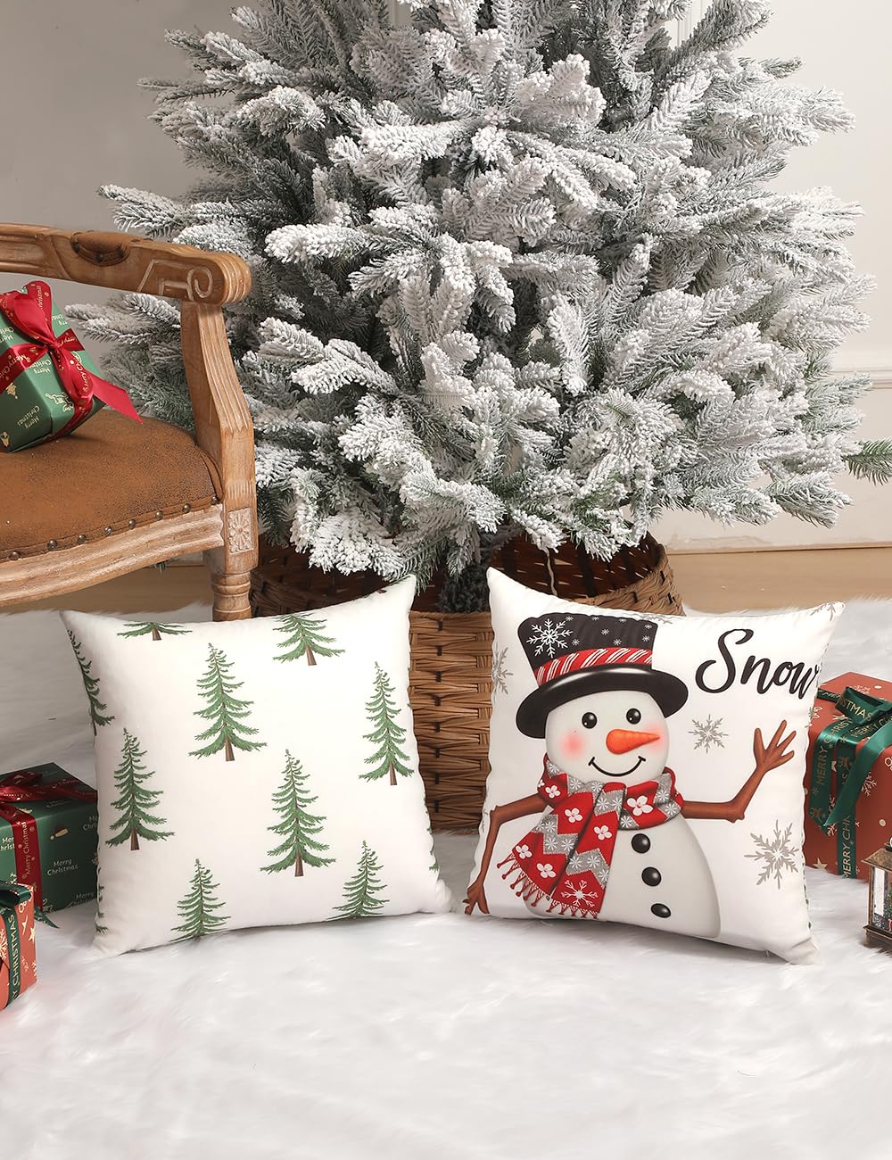 TOYPOPOR Christmas Decorations, Double Sided Plaid Throw Pillow Covers 16x16 Inches Set of 4, Christmas Tree, Snowflakes, Merry Christmas, Snowman Reindeer Winter Holiday Pillowcase for Sofa Couch