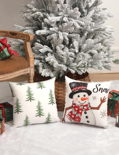 TOYPOPOR Christmas Decorations, Double Sided Plaid Throw Pillow Covers 16x16 Inches Set of 4, Christmas Tree, Snowflakes, Merry Christmas, Snowman Reindeer Winter Holiday Pillowcase for Sofa Couch