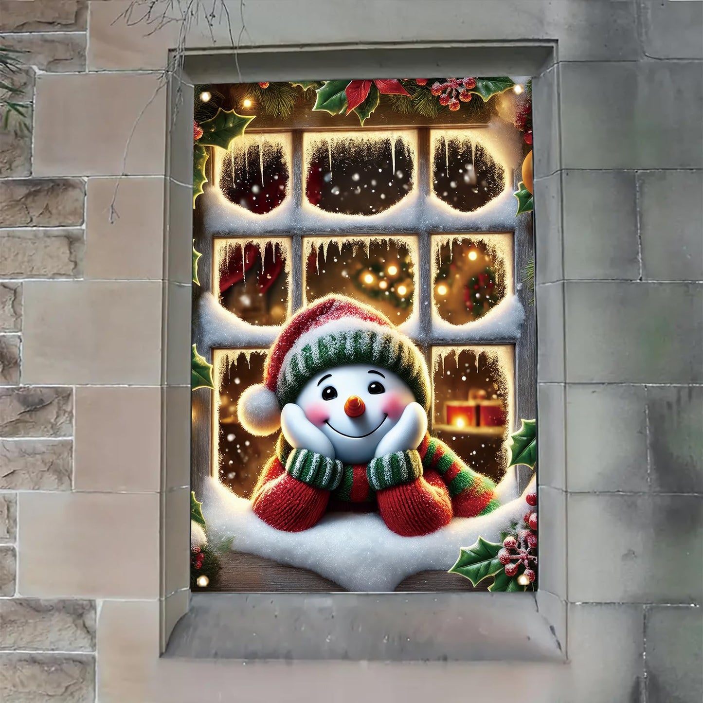 Saoplasa Christmas Window Cover Xmas Snowman Winter Decoration for Home Holiday Outdoor Window Clings 47x31 Inch Xmas Frosted Glass Sticker Removable Festive Mural for Living Room Kids Bedroom Decor