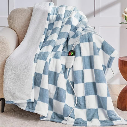 Heated Electric Blanketc Throw, 50X60 Heating Blanket with 10 Heat Levels & 8 Hours Auto Off for Lap, Misty Blue Checkered Plaid Soft Sherpa Blankets Warmer Gifts for Couch Grandma Women Adults