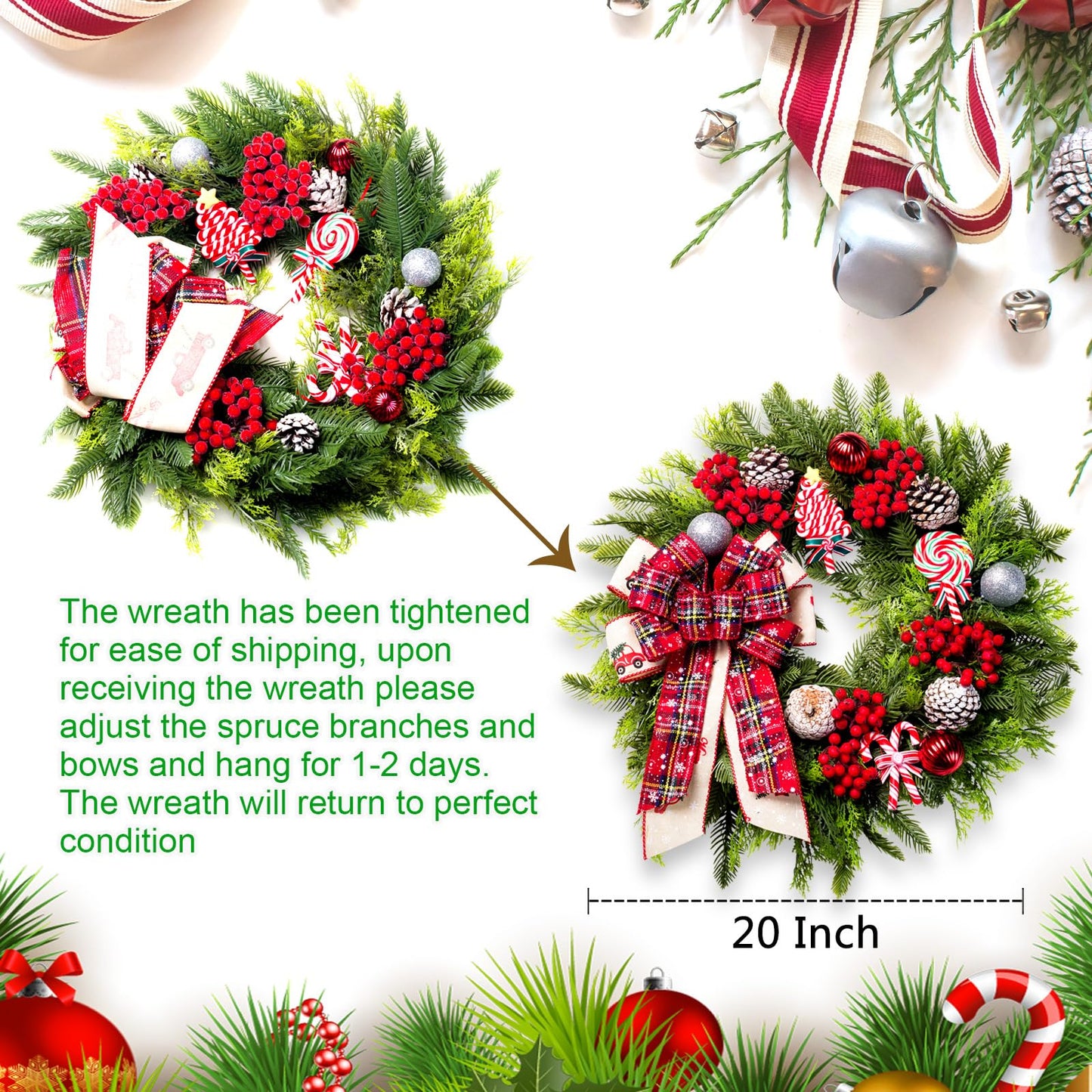 Christmas Wreaths for Front Door, 20 Inch Lighted Artificial Christmas Door Wreath with Candy Lollipops Ball Bow, Holiday Decorations for Home Decor