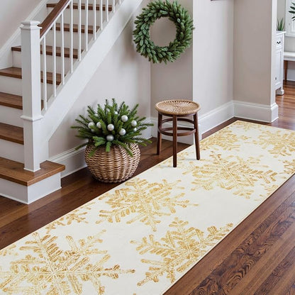 Lahome Snowflake Christmas Runner Rug, 2x6 Non Slip Christmas Rug Runners for Hallways Non Skid Washable Runner Rug Holiday Decor Carpet Runner for Kitchen Bedroom Laundry(2x6ft,Gold)