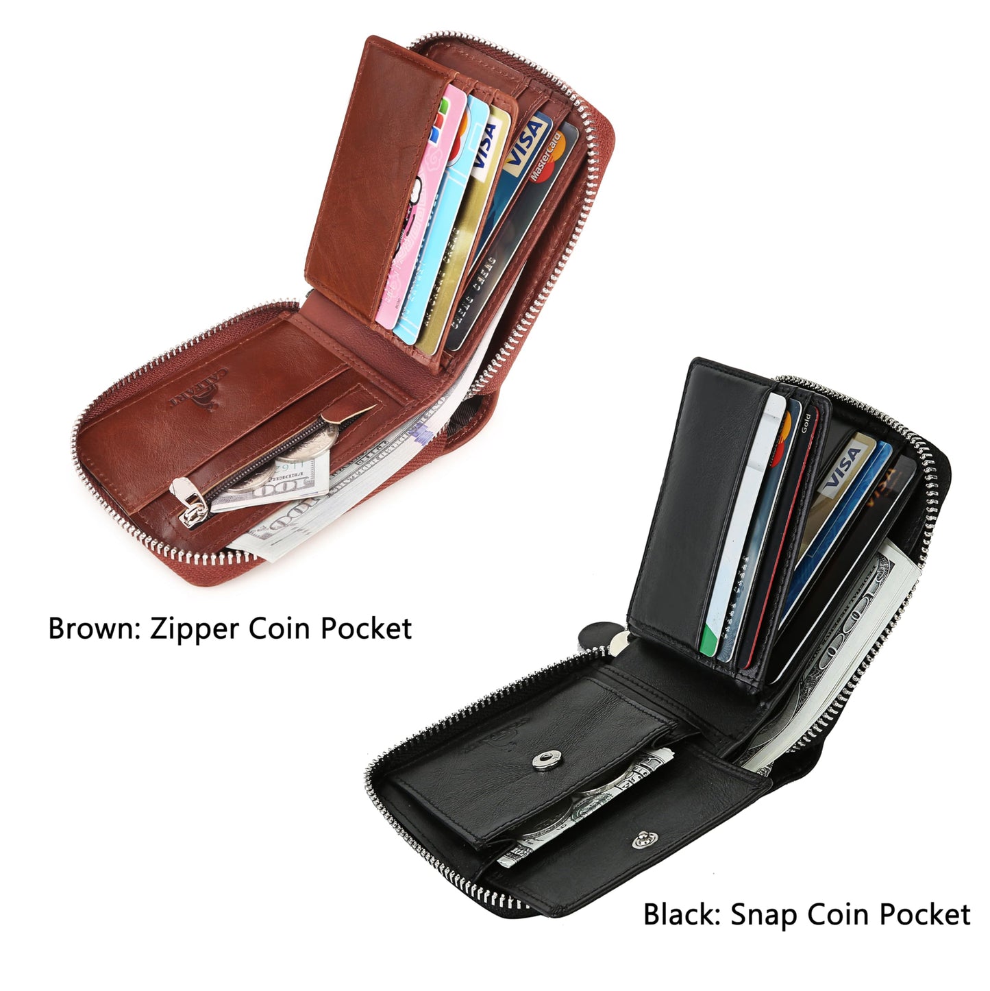CALFART Slim Zipper Wallets For Men RFID Leather Mens Bifold Creidt Card Holder Zip Around Wallet With Coin Pocket