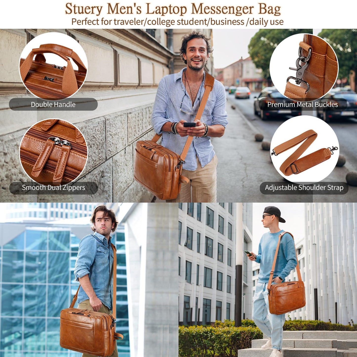 Faux Leather Messenger Bag for Men | 17-17.3 Inch Leather Mens Laptop Bag Leather Briefcasen Convertible Backpack 3 in 1 Computer Handbags Work Bag Shoulder Crossbody Bag Office | Vintage Brown