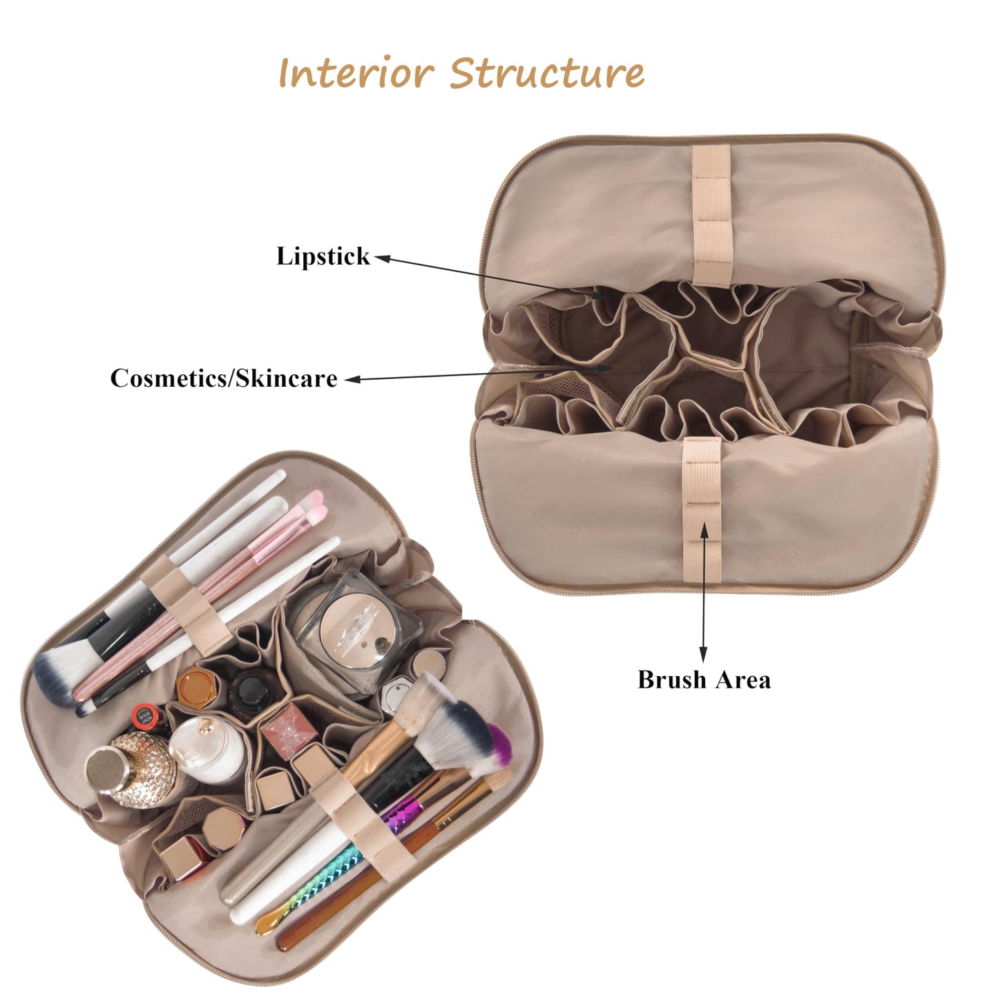 Tense Edano Travel Makeup Bag for Women, Waterproof Stand Up Cosmetic Bag with Brush Holders, Organizer Bag with Compartments, Fold-Down Design for Skincare, Toiletries & Essentials (Camel, Medium)