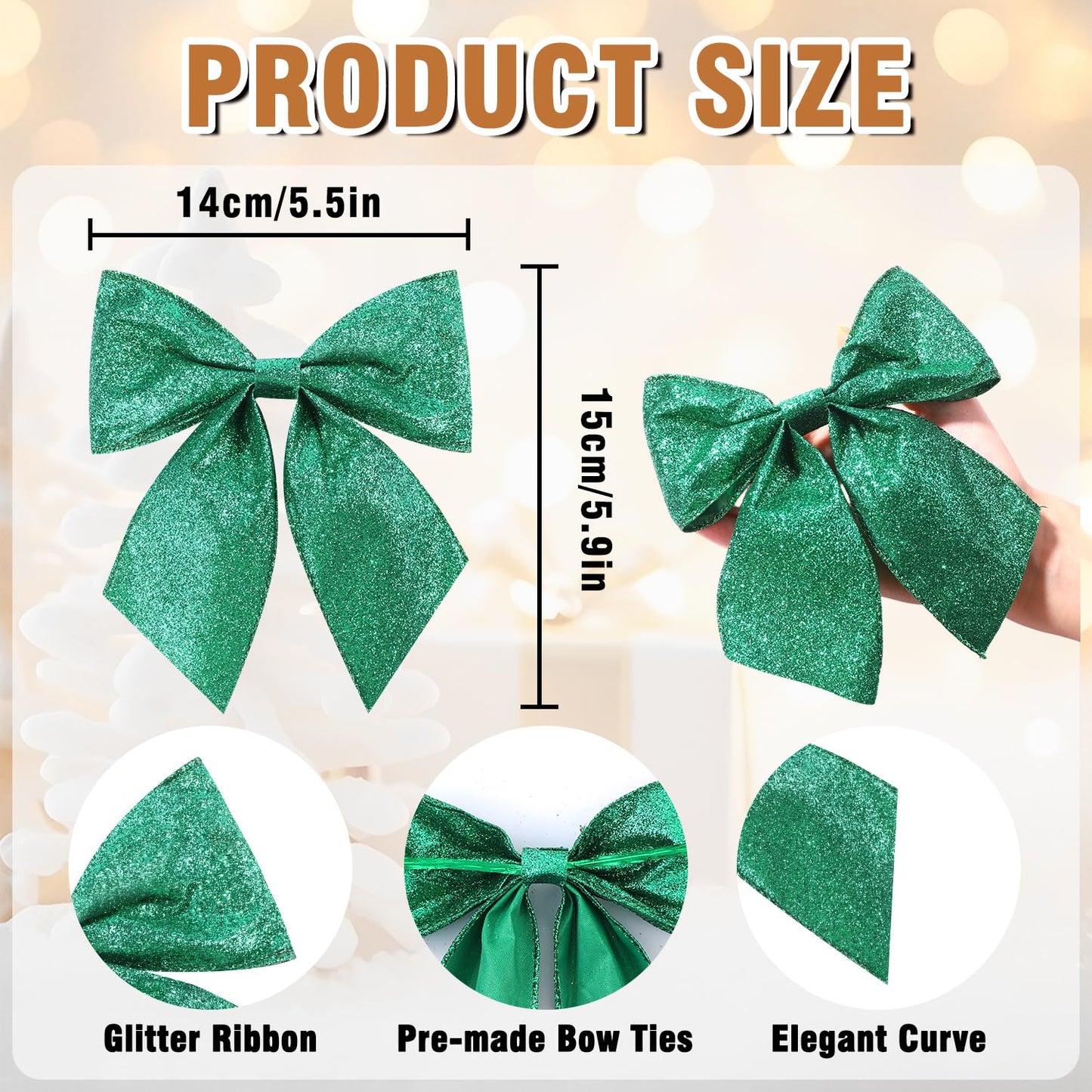 JOICEE 12 Pcs Glitter Ribbon Christmas Bows with Twist Ties,5.5 Inch Premade Metallic Xmas Bows for Christmas Trees Garland Wreath Gift Wrapping Decorations(Green)