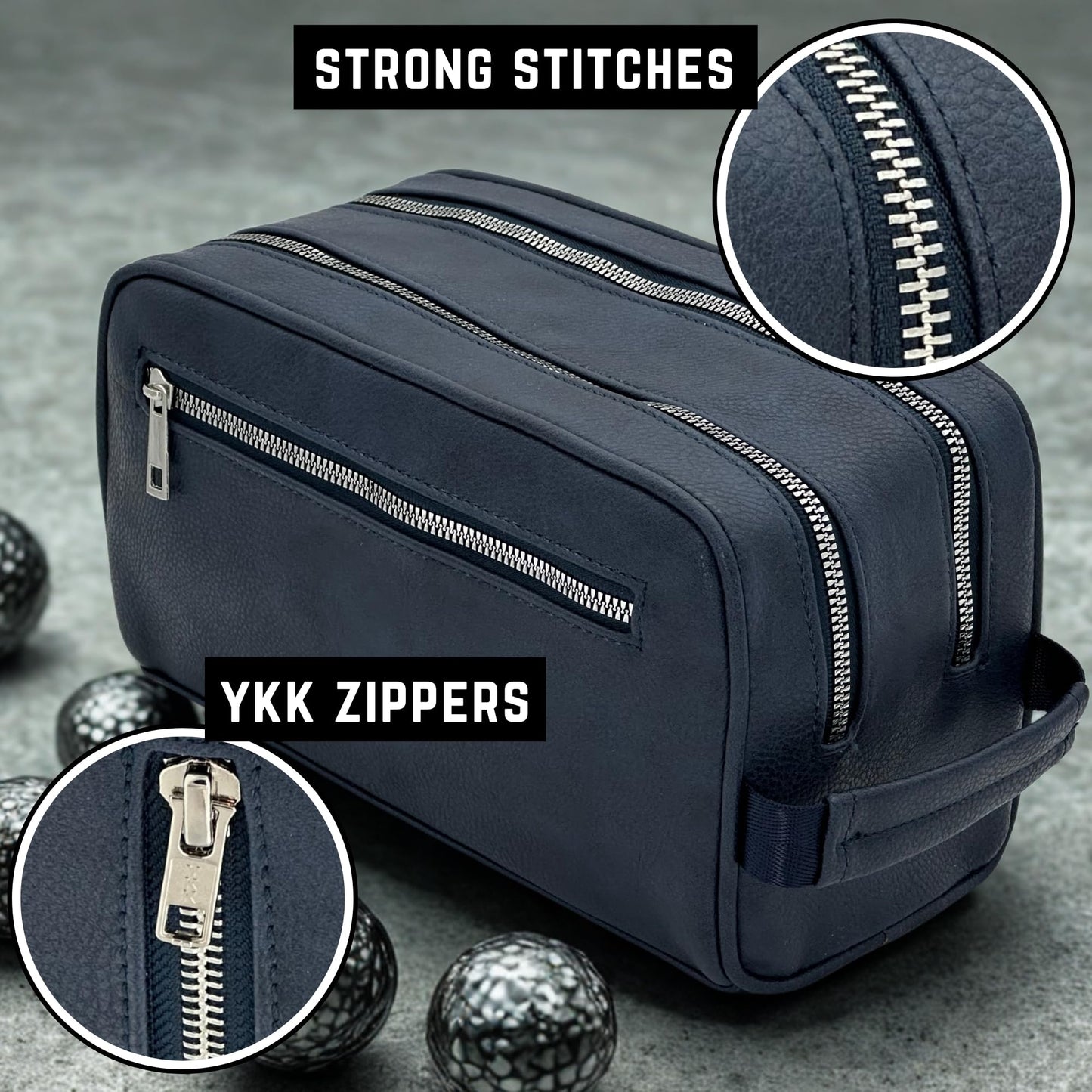 Toiletry Bag For Men, Premium PU Leather Dopp with Metal Zippers & Bottom Studs, Waterproof Grooming Kit for Men, Mens Birthday Gift, Includes Velvet Dust Bag & Shape-Retention Stuffing / NAVY BLUE