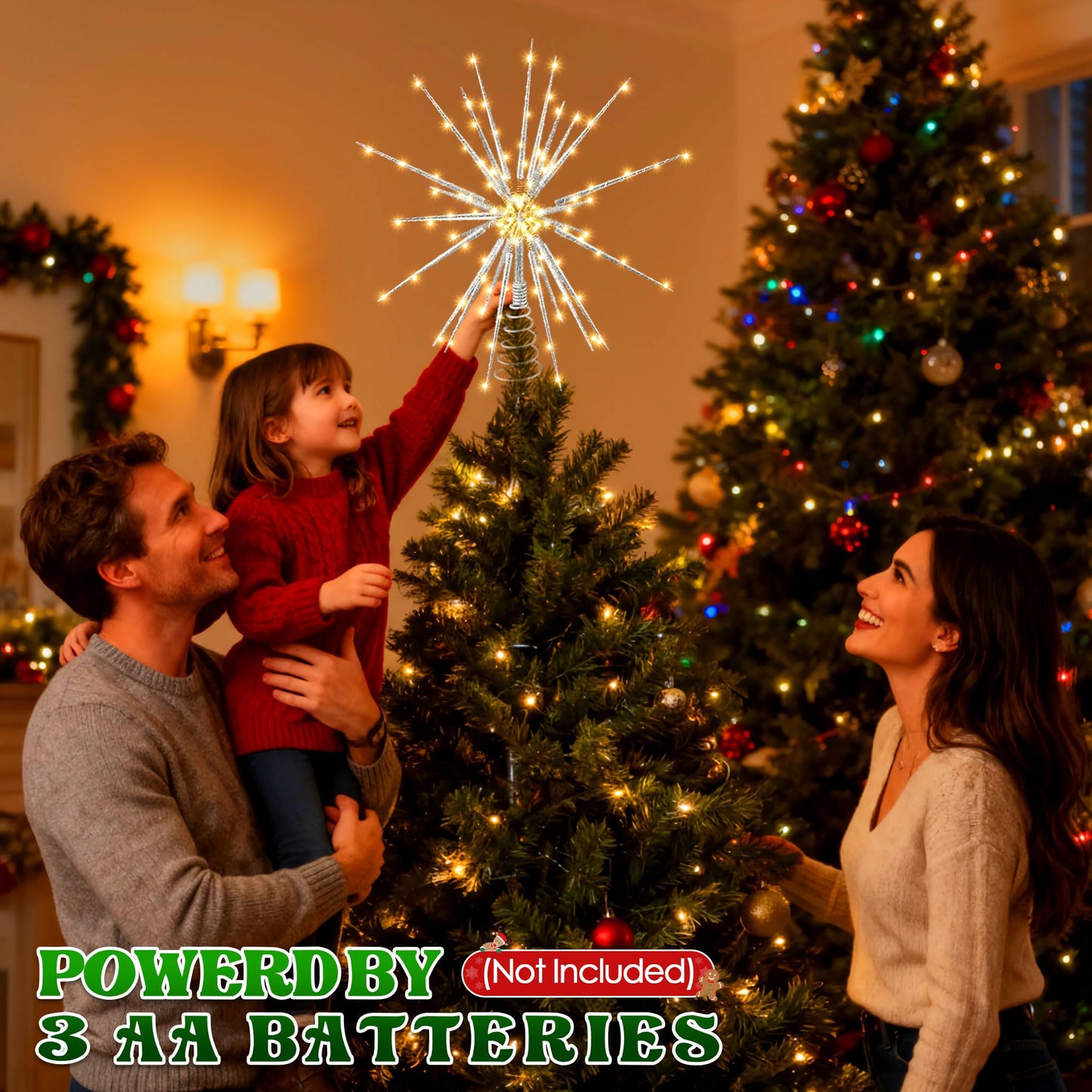 Meonum 16in Christmas Tree Topper with LED Light - 25 of 100 Lights Twinkle, Christmas Star Tree Topper for Holiday Decor, Universal Size, Lightweight and Easy to Install(Silver, 16inch)