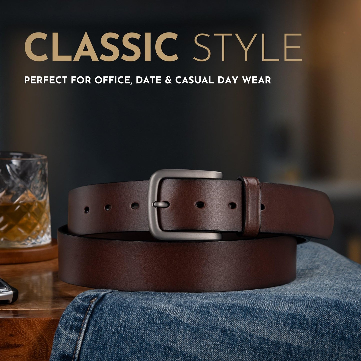 Buffway Men's Leather Belt,1.5" Handcrafted Top-Grain Leather – Durable,Comfortable,Suitable for Everyday Formal & Casual Wear - Size 38" Coffee