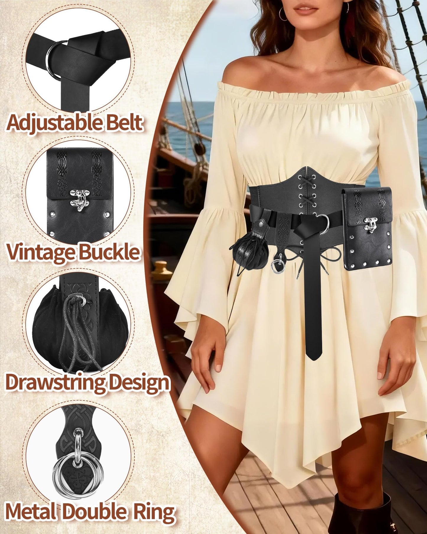 PARTTELY 5Pcs Corset Belt Renaissance Costume Women Pirate Accessories Lace-up Renaissance Corset with Belt Bag Pirate Costume Women for Cosplay