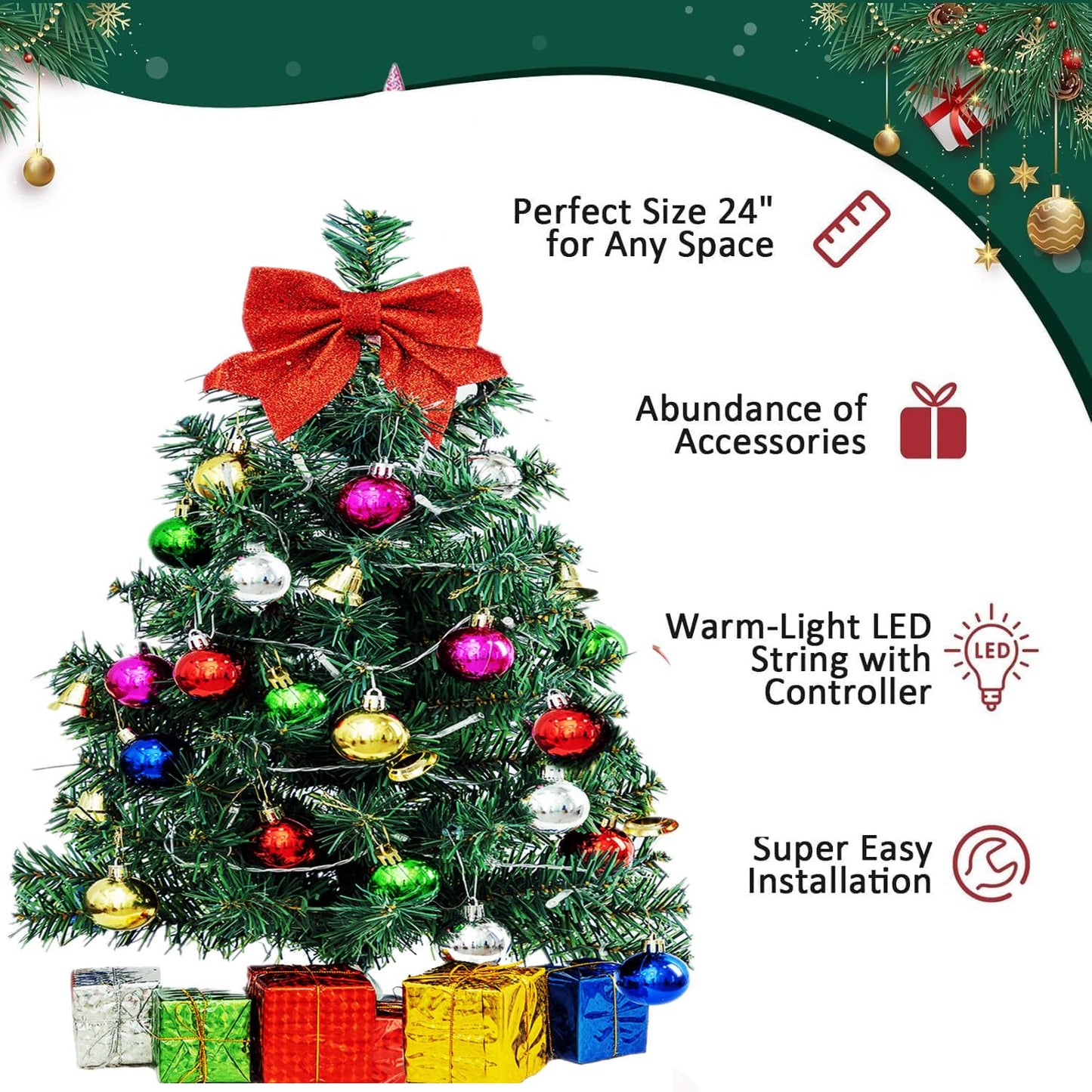 Mini Christmas Tree Small Christmas Tree with LED Lights Ornaments Tabletop Artificial Christmas Decorations Indoor Christmas Decor 24"/60cm 2025 New