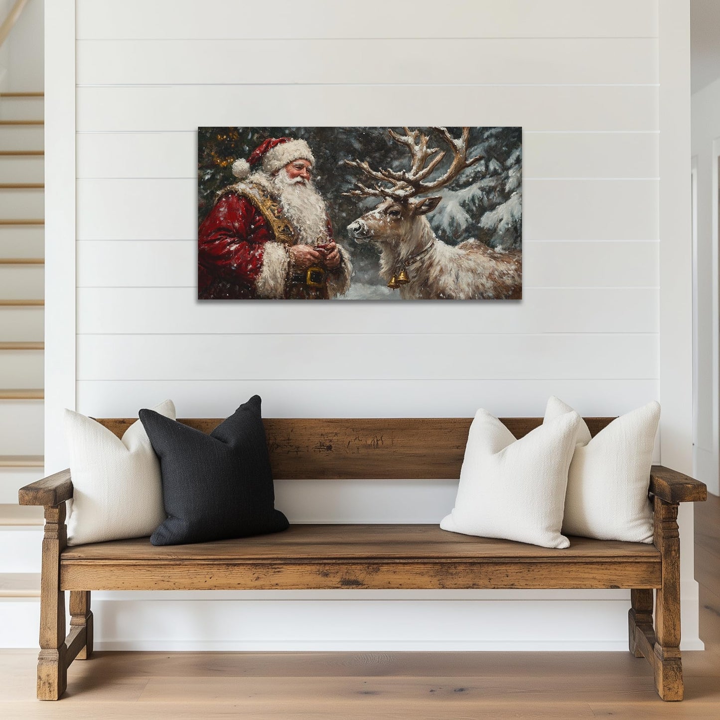 GUTTATY Christmas Canvas Wall Art, Santa and Reindeer Canvas Prints, Winter Forest Scene Wall Decor, Snowy Holiday Hanging Painting, Christmas Picture Poster for Living Room, Bedroom, 32x16 Inch