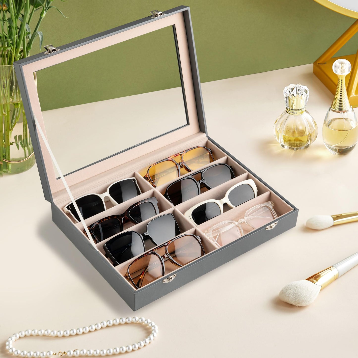 Frebeauty Sunglass Organizer,PU Leather Glasses Organizer,8-Slot Sunglasses Tray with Clear Lid,Men's/Women's Sunglasses Box,Sunglass Case,13.3x9.65x2.48 Inches,Eyeglass/Eyewear Display Tray(Grey)