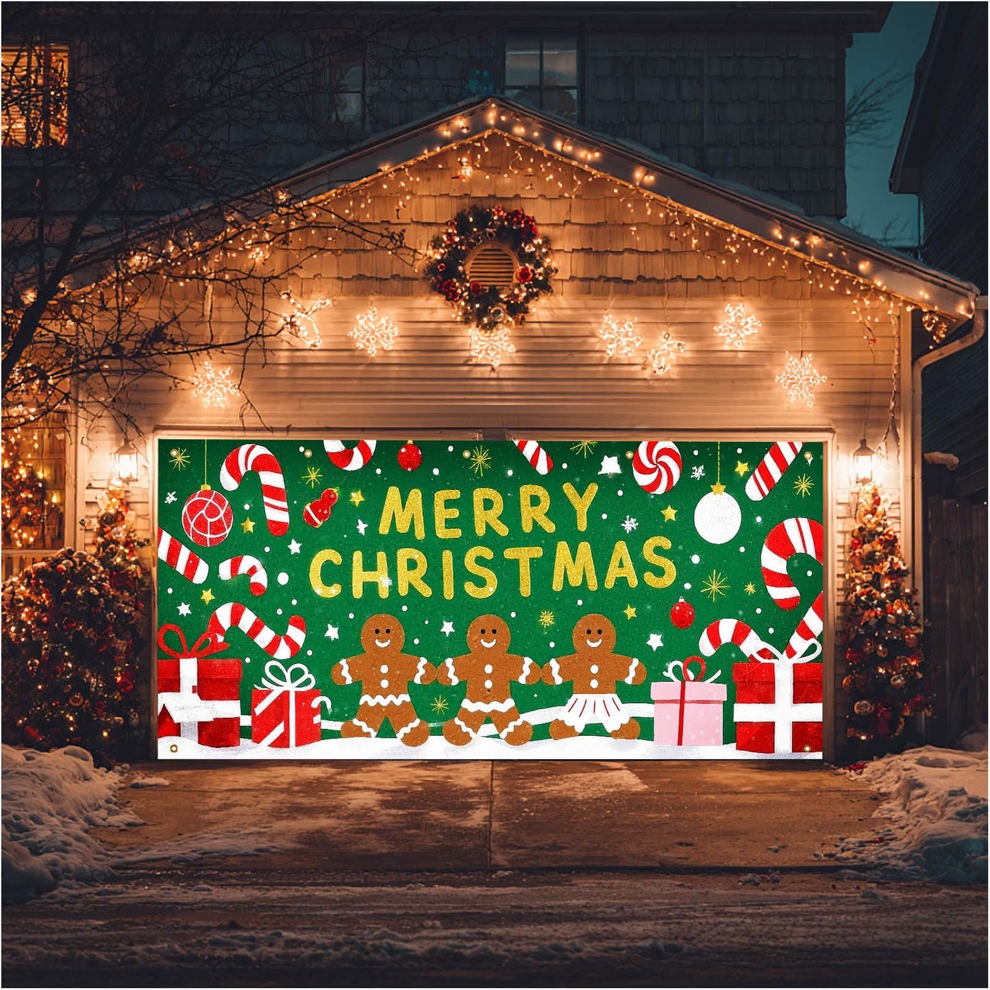 HOMETITUTE Merry Christmas Gingerbread Man Garage Door Banner 13x6ft Green Background Candy Gift Boxes Snowflakes Baubles Holiday Yard Display Photo Backdrop Outdoor Seasonal Decoration