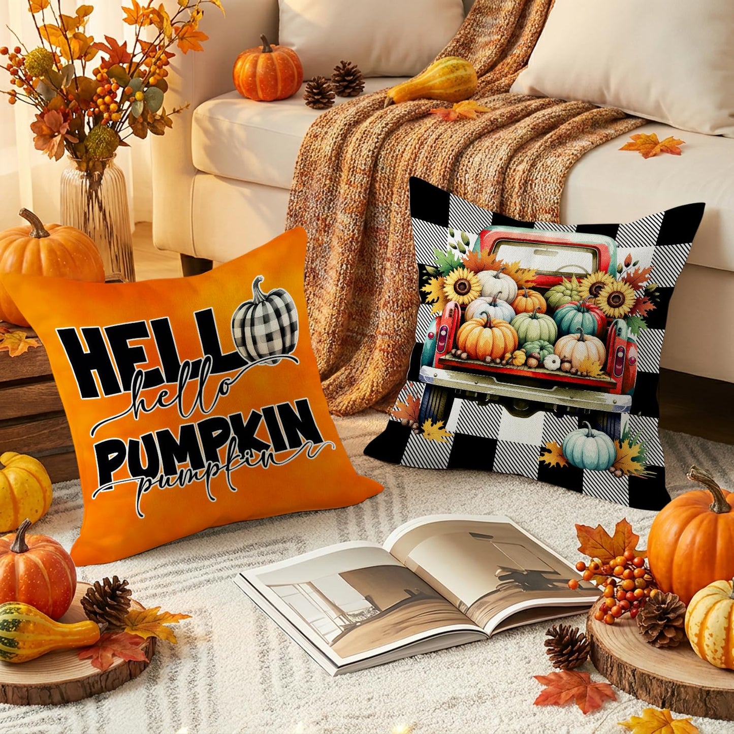 HDVUHKI Fall Pumpkin Pillow Covers 16x16 inch Set of 4, Linen Autumn Outdoor Thanksgiving Harvest Farmhouse Buffalo Check Truck Orange Decorations for Sofa Couch