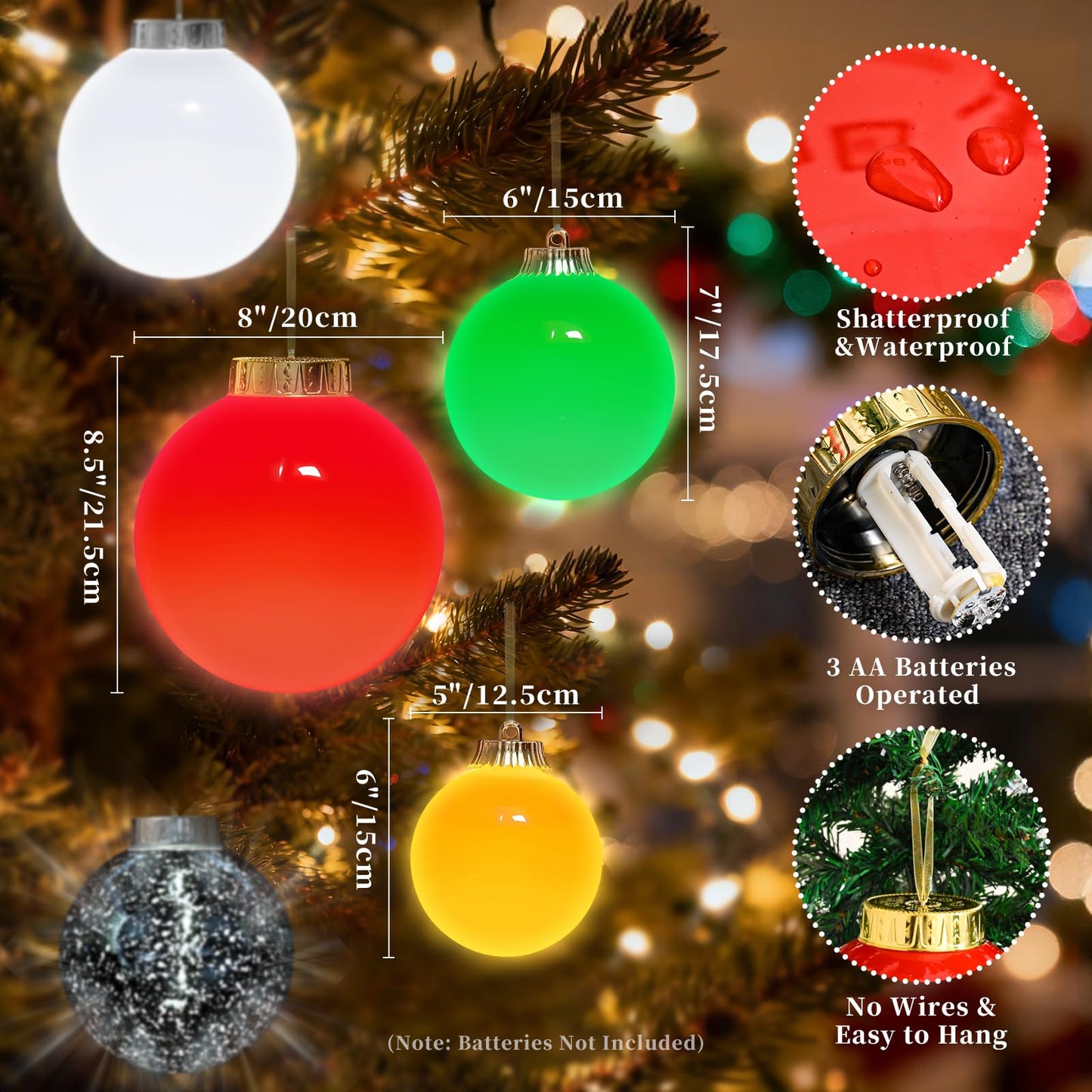Lanpn 4 Pcs 6" Outdoor LED Ornament, Large Christmas Battery Powered Ball Lights, Xmas Tree Sphere Bulb Decor with Dark Sensor, Christmas Lighted Ornaments for Lawn Garden Yard Patio, Green