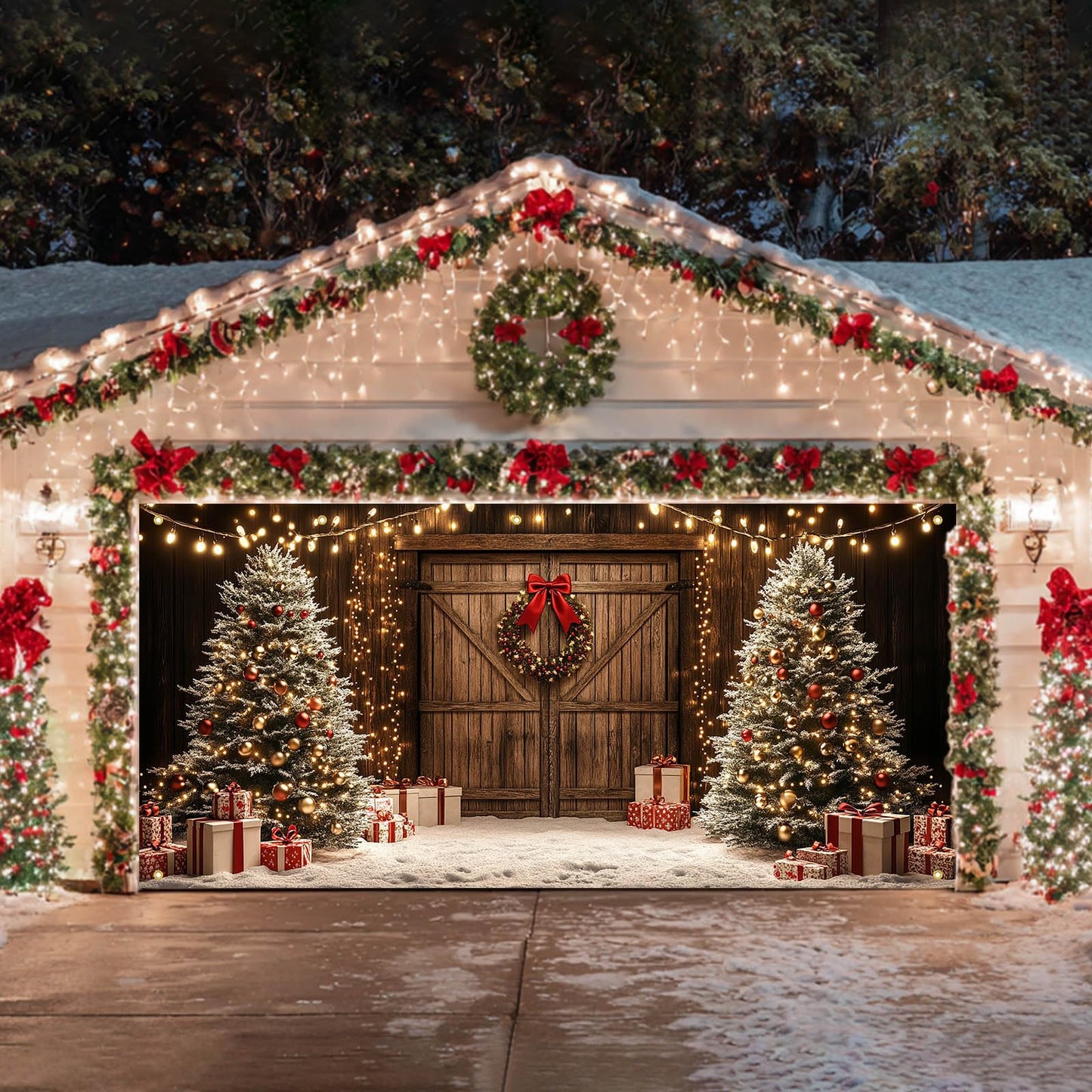 HOMETITUTE Christmas Garage Door Banner 13x6ft Wooden Wall Style Holiday Decoration with Xmas Trees Gift Boxes Snowflakes Hanging Lights andfor Outdoor Yard or Wall Backdrop
