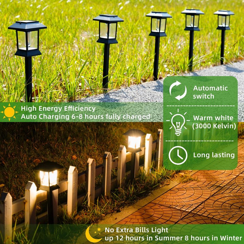 6 Pack Solar Pathway Lights Outdoor Waterproof, Dual-Use Stake & Hanging Lantern, 17 Inch ABS Warm White 3000K, 1000mAh Ni-MH Battery & Monocrystalline Panel, Auto On/Off for Garden Yard Patio Walkway