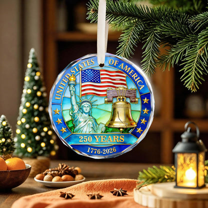250 Anniversary USA Ornament for 4th of July Decorations, Crystal Glass 1776-2026 Liberty Bell Memorial Day Decorations, USA 250th Anniversary Merchandise Fourth of July Gifts for Men Women