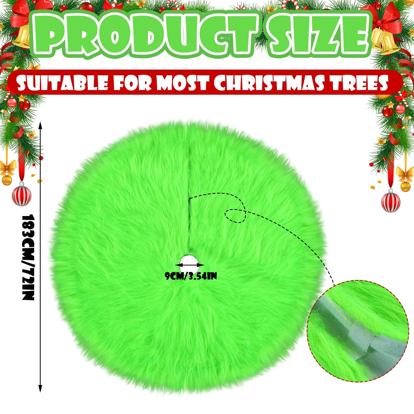 Soulchen 72 Inch Lime Green Christmas Tree Skirt with LED Light Fur Xmas Tree Collar Mat Pure Faux Round Carpet for Merry Christmas Xmas Decoration Home Decor Party Ornaments