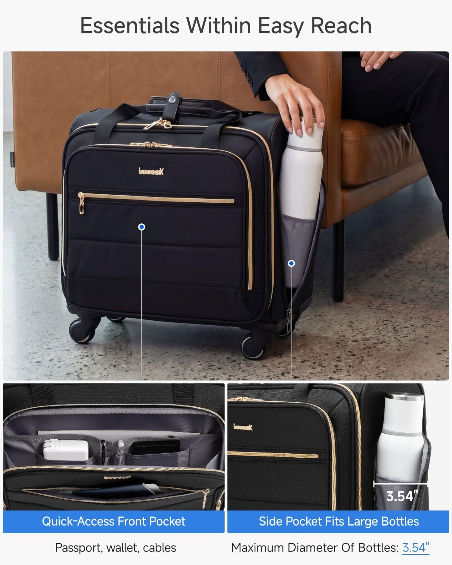 LUGGEX Rolling Laptop Bag with Wheels, 17.3" Soft Sided Laptop Rolling Briefcase with 4 Spinner Wheels - Lightweight Carry On for Business Travel Overnight (UDS-Core, Black, 18 Inch)
