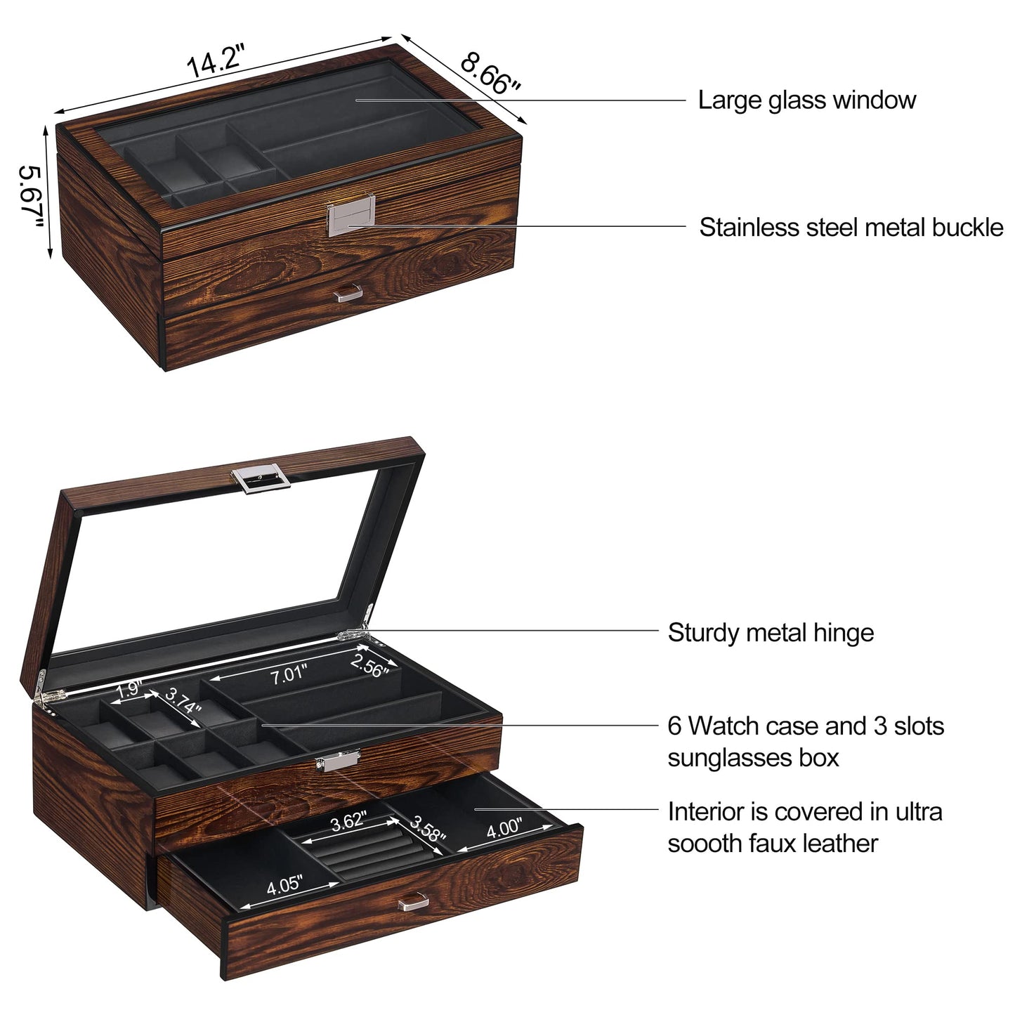 BEWISHOME Men's Wooden Jewelry Box Organizer, 6 Watch and 3 Sunglasses Organizer for Men, Wood Watch Display Case with Glass Lid and PU Leather Interior