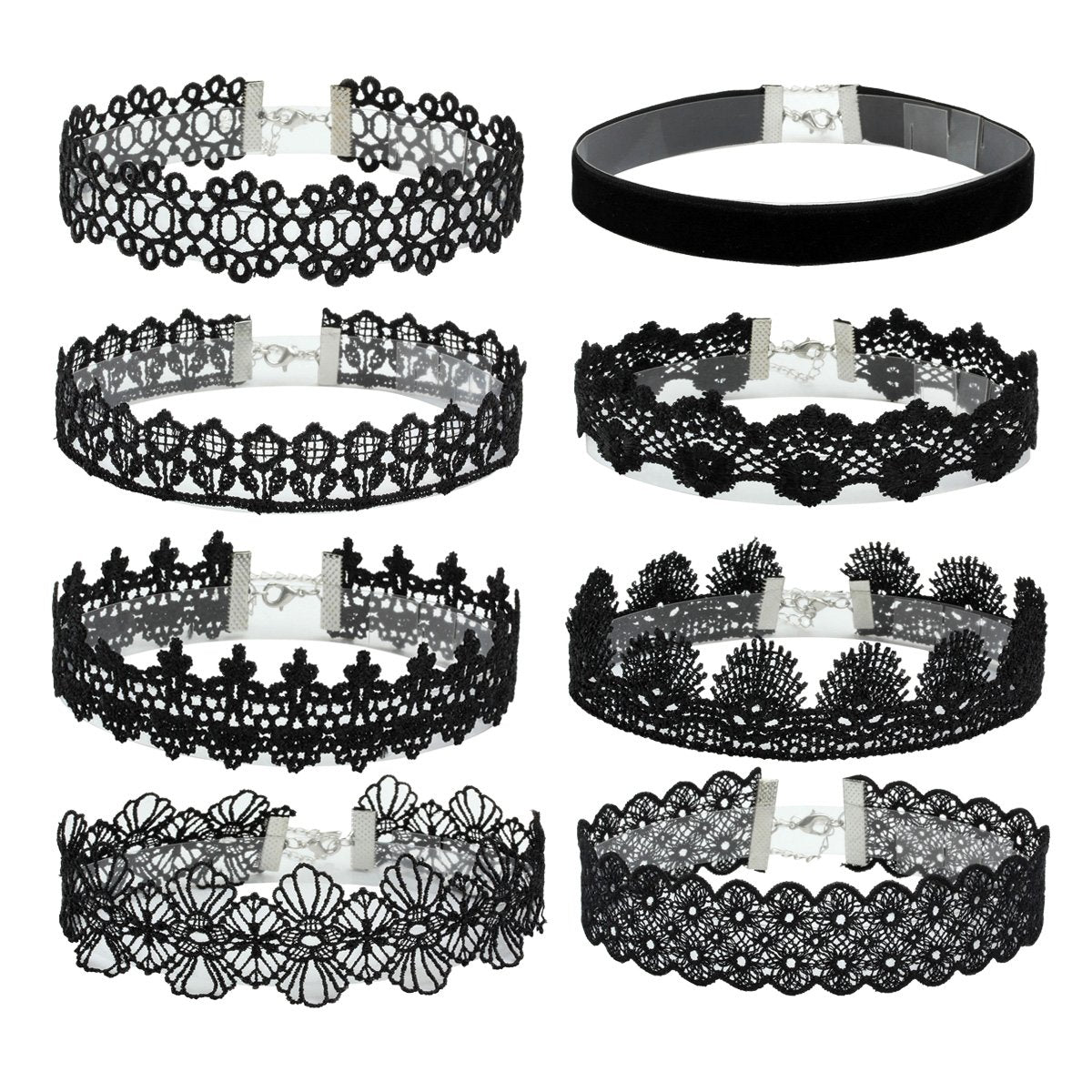 Eigso 8Pcs Gothic Tattoo Lace Choker Necklaces Set for Women Adjustable Black Collar Choker