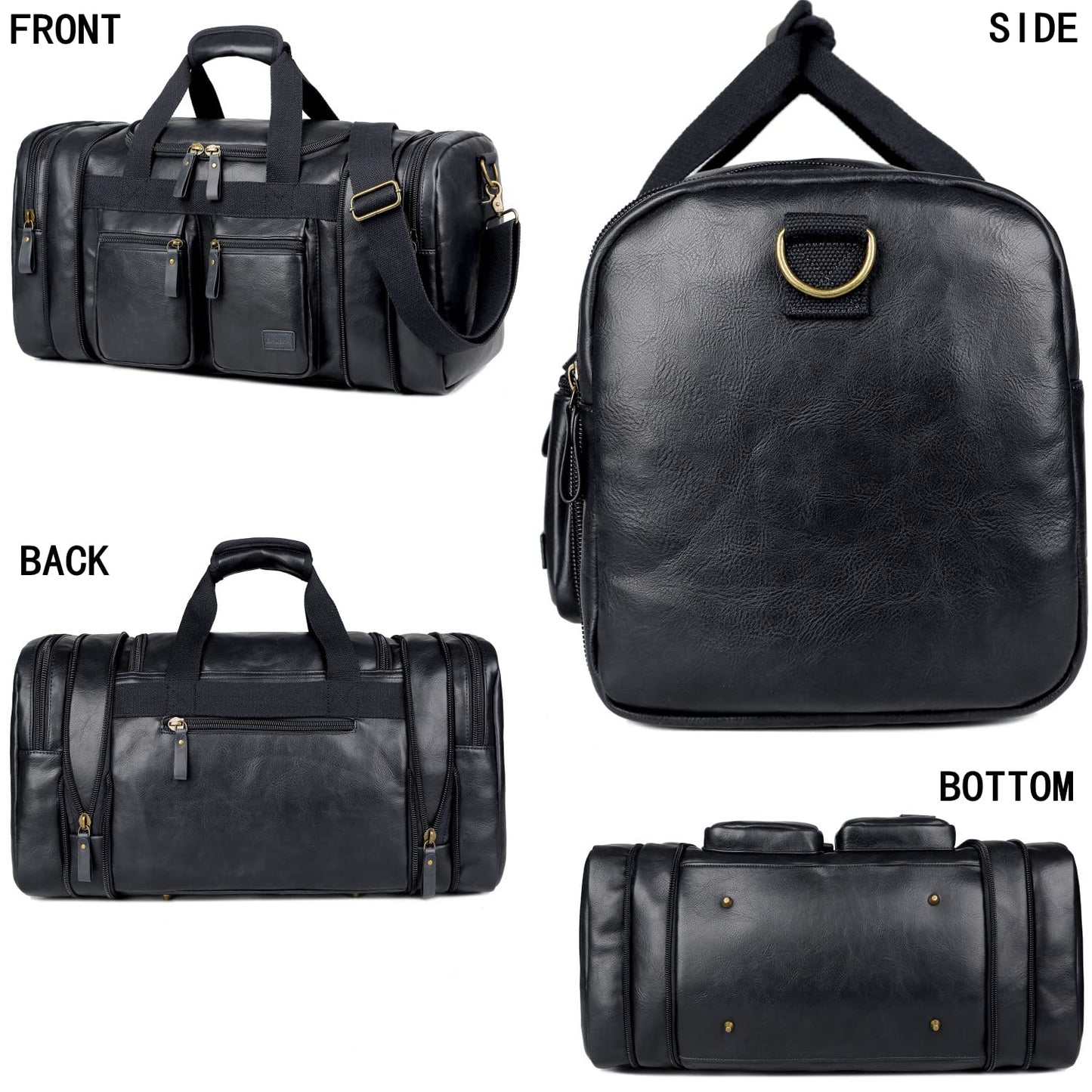 Vegan Leather Travel Duffel Weekender Bag Carry on Overnight Bag Sports Duffel bag For men and Women HB-21 (Black)