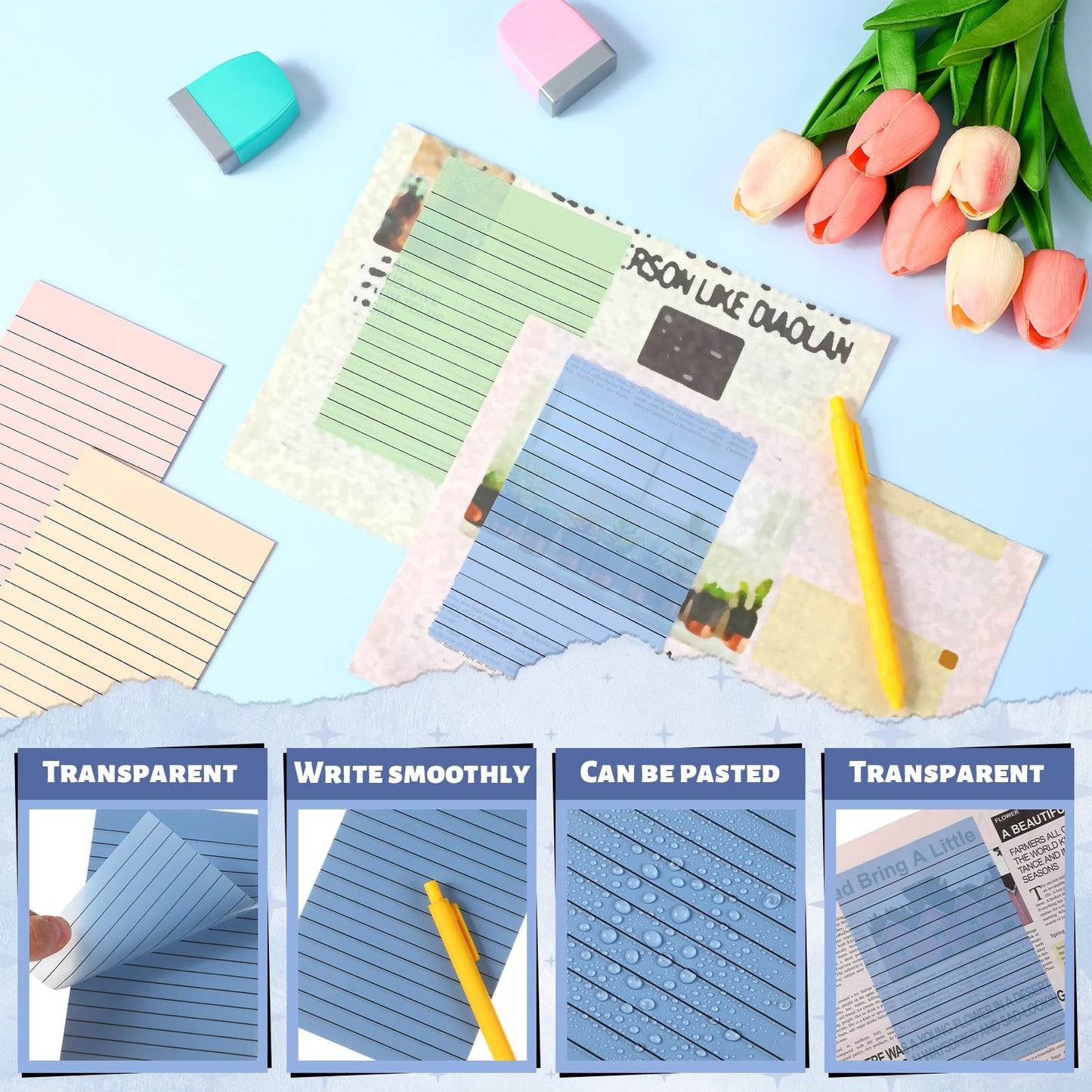 Yinder 6 Pack 180 Sheets Pastel Transparent Sticky Notes Translucent Clear Lined Self Sticky Note, Back to School Gifts for Bible Tabs, Book Tabs, School Supplies, Office, 4 x 6 Inch (Light Color)
