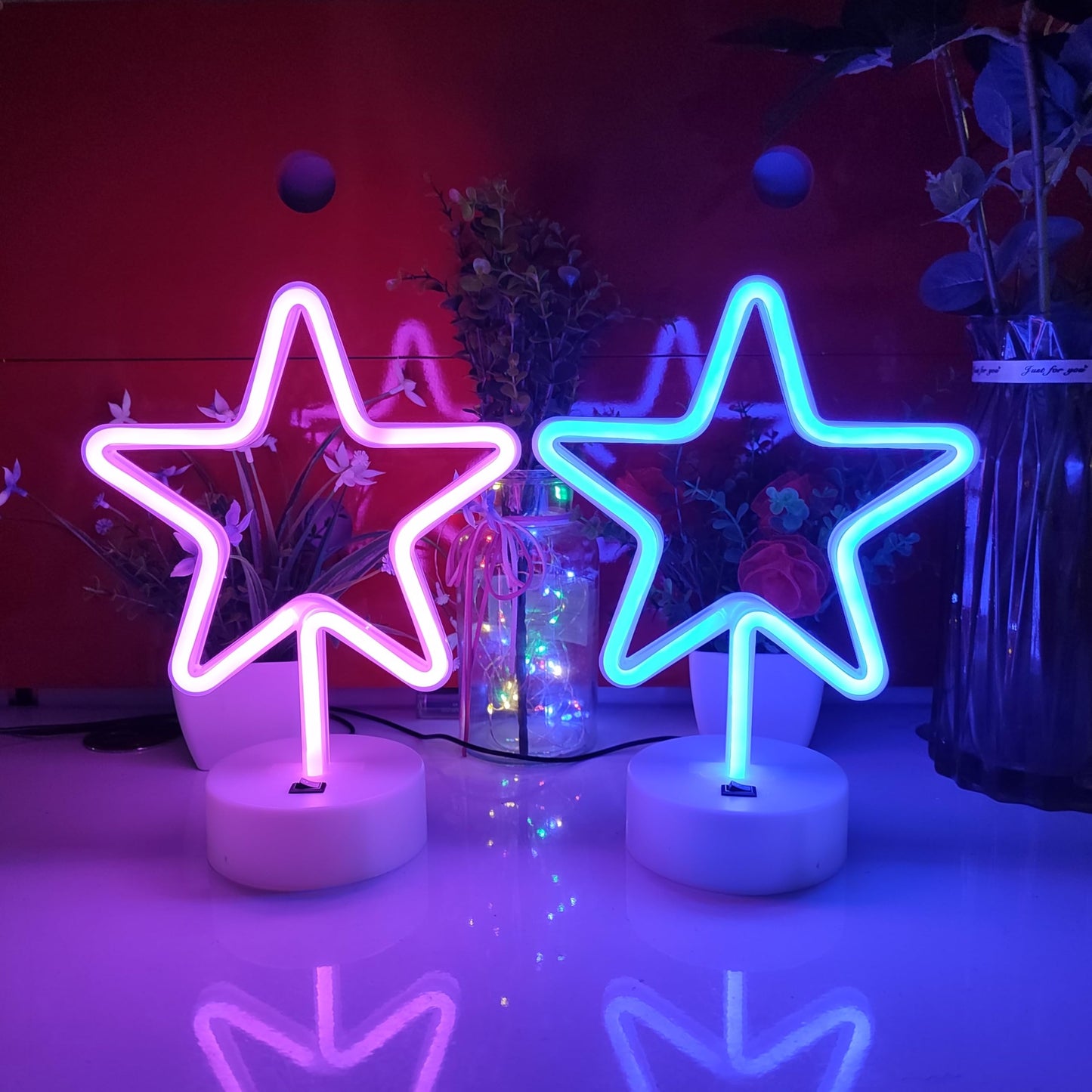 JYWJ Star Neon Signs with Holder Base,USB or 3-AA Battery Powered Neon Light,LED Desktop Wall Decoration,Various Parties,Decoration of Business Premises(Pink)