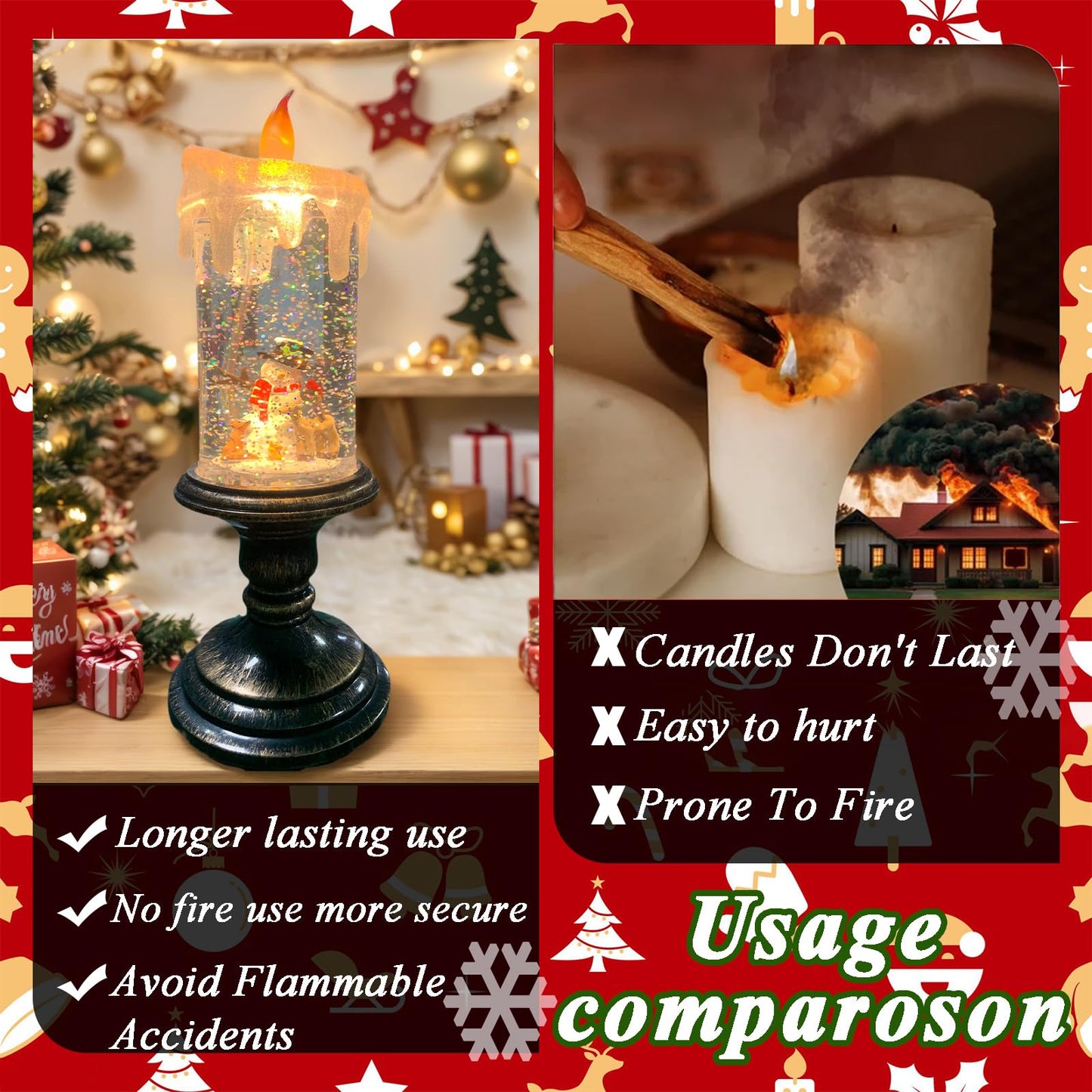 Snowmen Snow Globe Candle Operated Flameless LED Christmas Decor with Swirling Water & Glitter, Spinning Tabletop Centerpiece for Holidays, Winter Wonderland Gift
