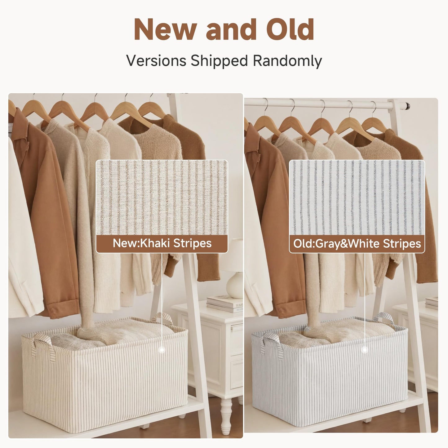 StorageWorks Storage Bins, Fabric Storage Bins for Shelves, Large Storage Baskets with Metal Frame, Closet Baskets and Bins with Handles, Khaki and Beige Stripes, 2-Pack