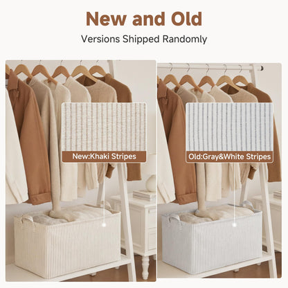 StorageWorks Storage Bins, Fabric Storage Bins for Shelves, Large Storage Baskets with Metal Frame, Closet Baskets and Bins with Handles, Khaki and Beige Stripes, 2-Pack