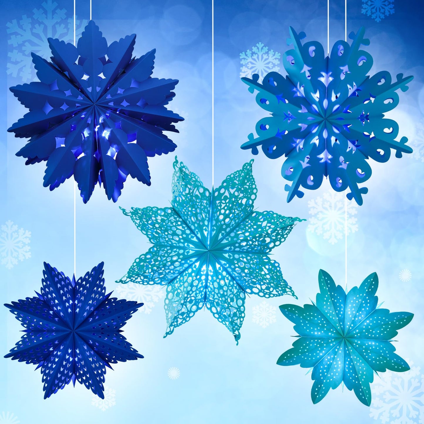 Mudder 5 Pieces Large Christmas Snowflake Paper Lantern with 7 Light 23.6/17.7 Inch Star Paper 3D Hanging Lantern Lamp Party Decoration for Weddings Holiday Xmas Trees(Fresh Style,Blue)