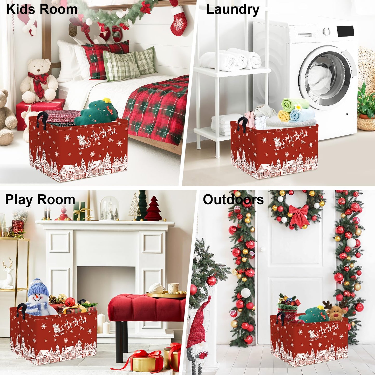 Clastyle Christmas Santa Elk Storage Basket Winter Snow House Snowflake Shelf Basket Christmas Tree Red Holiday Gift Basket Empty Collapsible Rectangle Clothes Book Toy Storage Cube