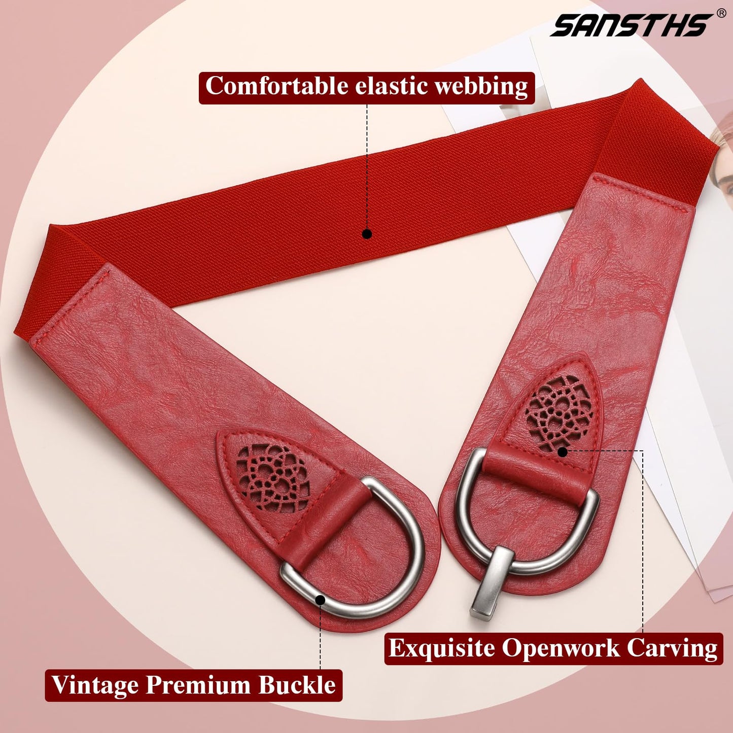 SANSTHS Vintage Women Stretchy Wide Belt Chunky Buckle Elastic Wide Waist Belts for Dresses Coats, Red S