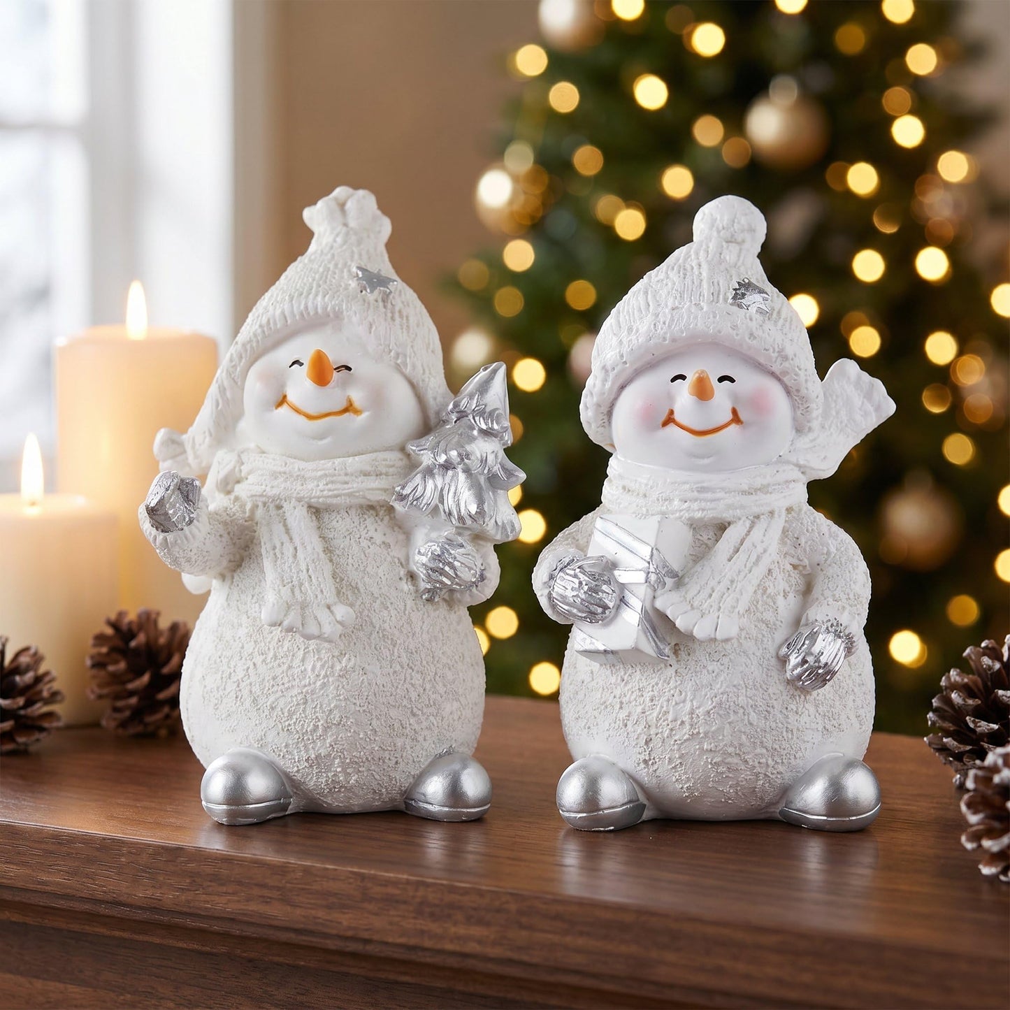 Brizoria Snowman Figurines Set of 2 White Resin Christmas Decorations with Silver Accents Winter Mantel Decor and Holiday Centerpieces for Table Home Indoor Tiered Tray Room Display