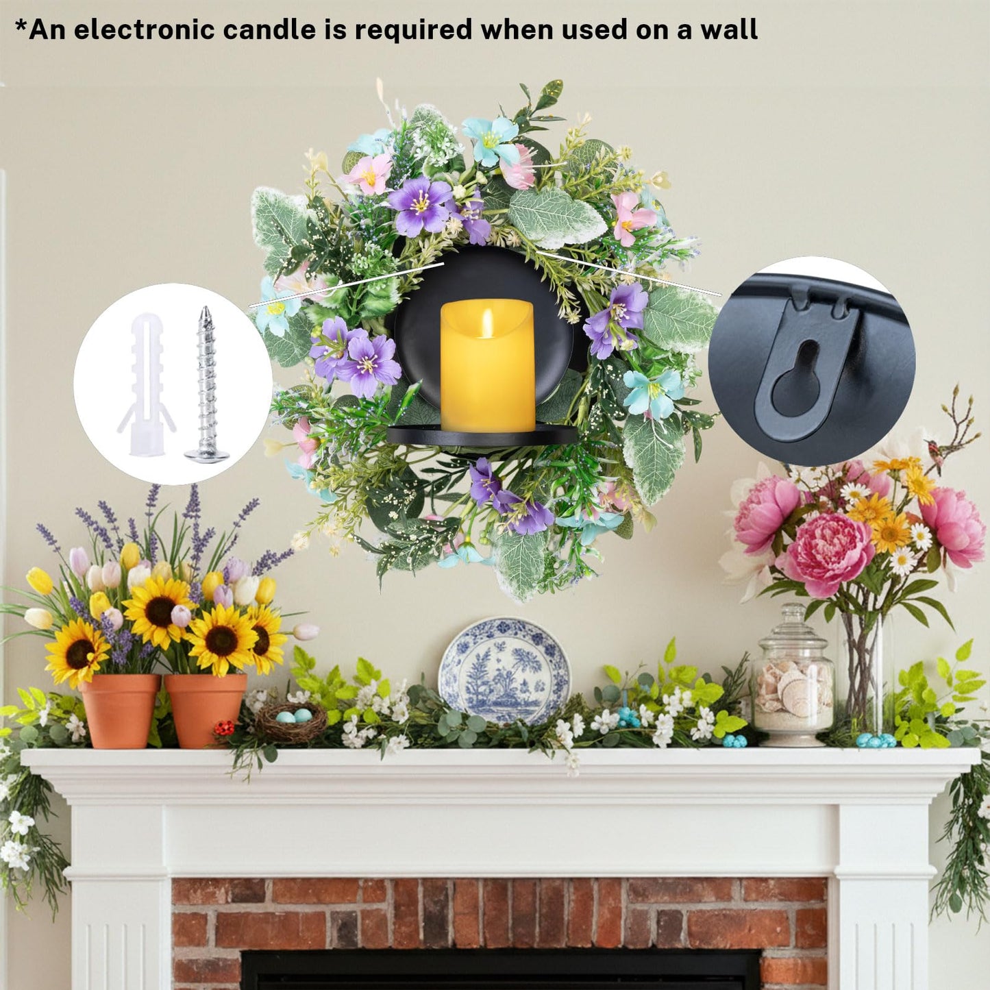 MOYEE Summer Centerpieces for Tables Wreath with Candle Holder,Candle Ring, Black Metal Candlestick with an Artificial Wreaths 14 in Versatile Dining Table Centrepiece (Blue and Purple Flower Wreath)