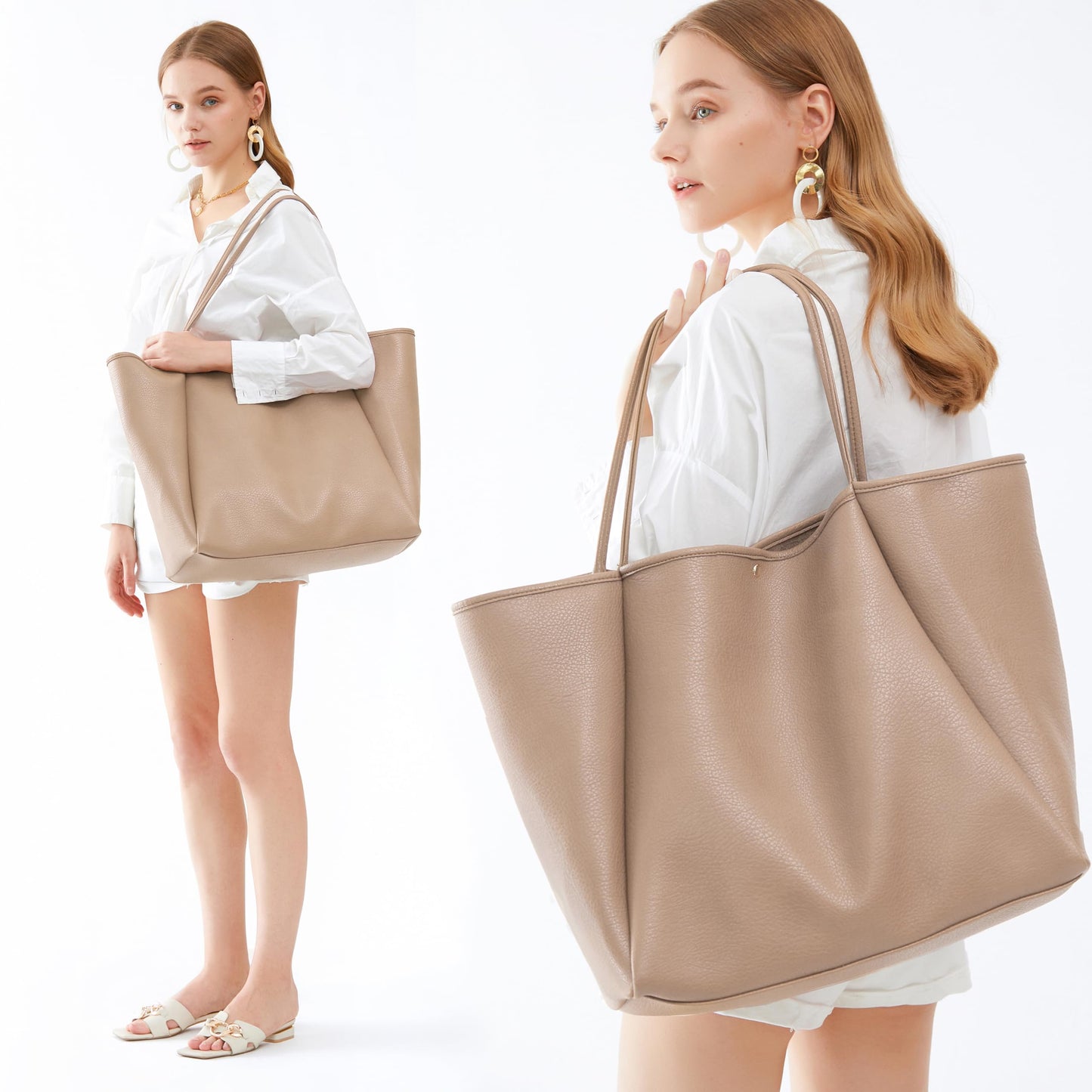 Oversize Pu Leather Tote Women Weekender Bag Shopper Handbag Travel Purse (Nude)