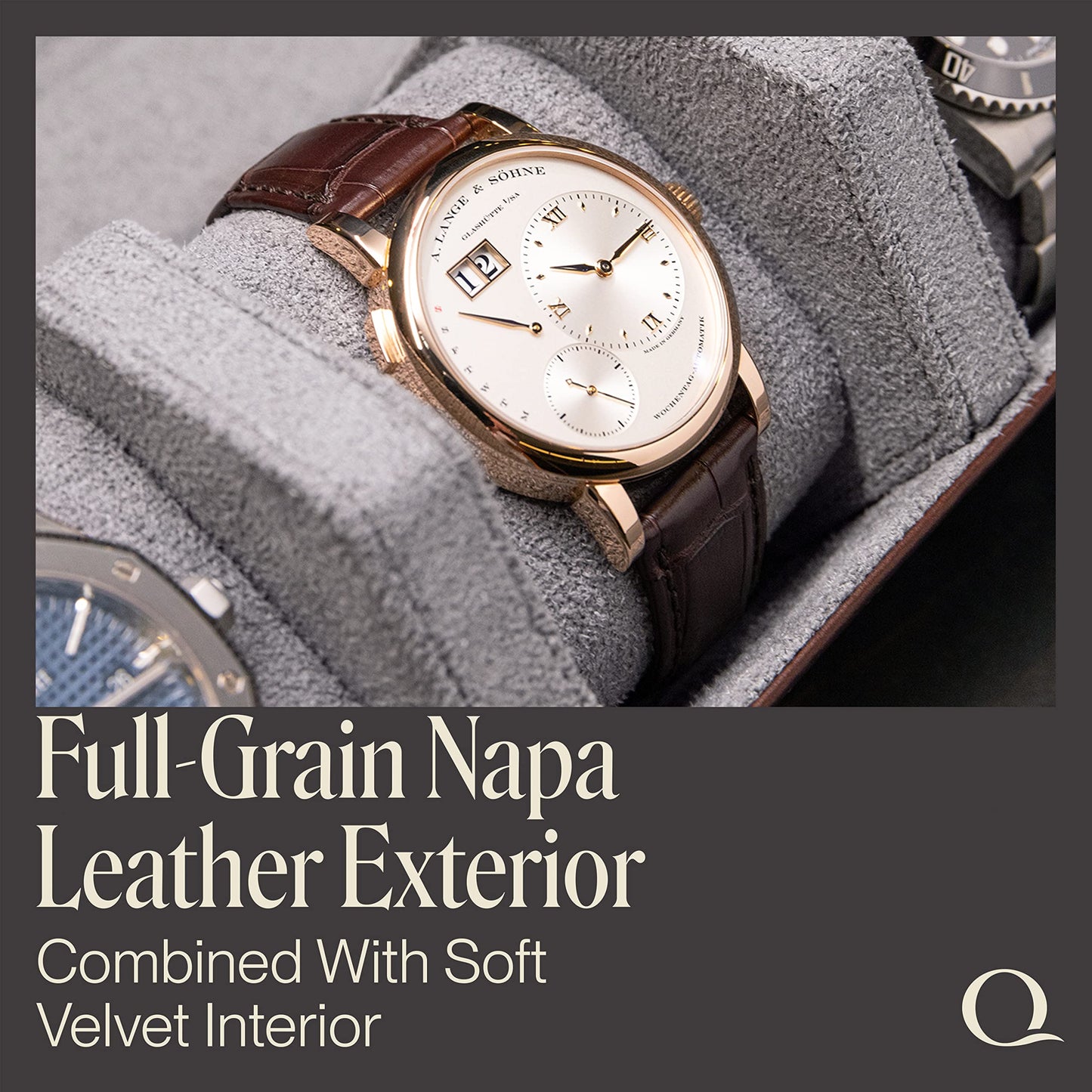 QWATCHBANDS Napa Leather Watch Rolls for Men - Hexagon Triple Watch Roll Travel Case for 3 Watches - Storage Organizer Genuine Leather with Velvet Interior Display (Brown/Gray)