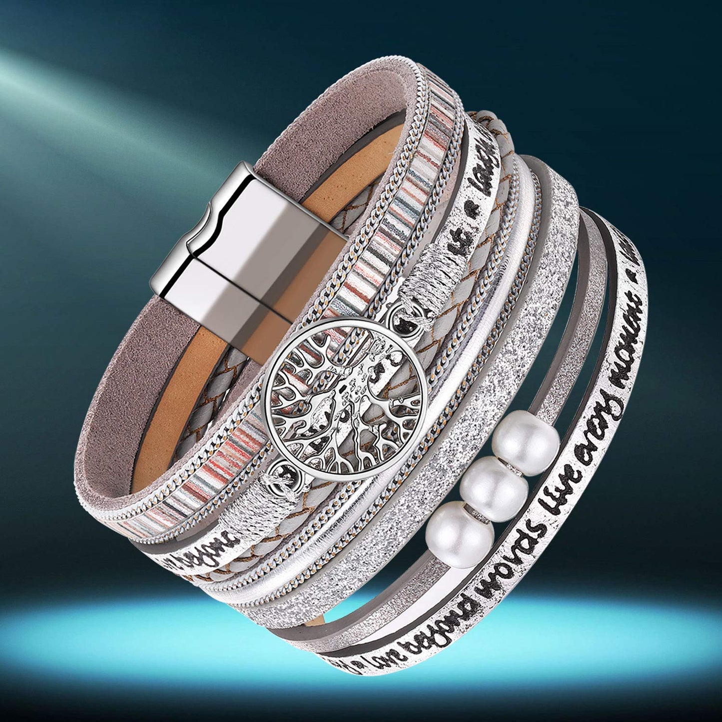 Desimtion Silver Boho Wrap Leather Bracelets for Women Buckle Multilayer Layered Jewelry Gifts Bracelet for Mom Teen Grandma