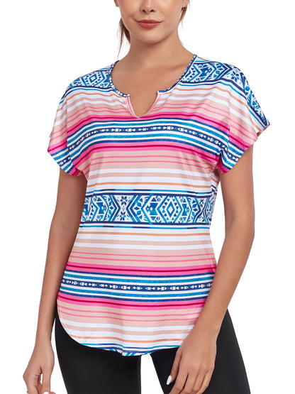 Abrooical Women's Running Tops Short Sleeve V Neck Exercise Yoga Shirts Quick Dry Side Slit Print 01 Large