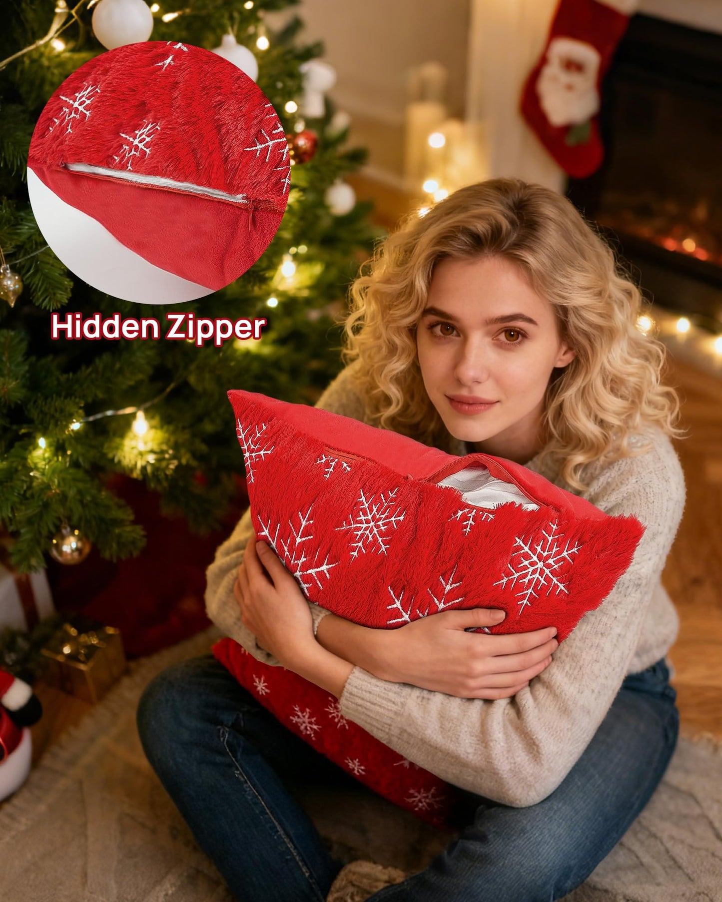 Feagar Christmas Pillow Covers 18x18 2-Pack, Xmas Decorations Soft Plush Faux Fur Wool Snowflake Throw Pillow Cases Holiday Festivals Winter Home Decor for Sofa Bedroom Living Room